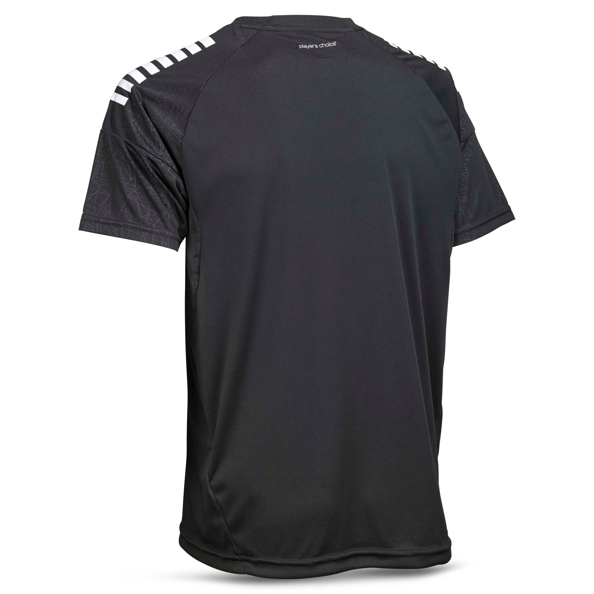 Back page of black Player shirt S/S Spain v25 with white shoulder stripes, Match & Training wear football.