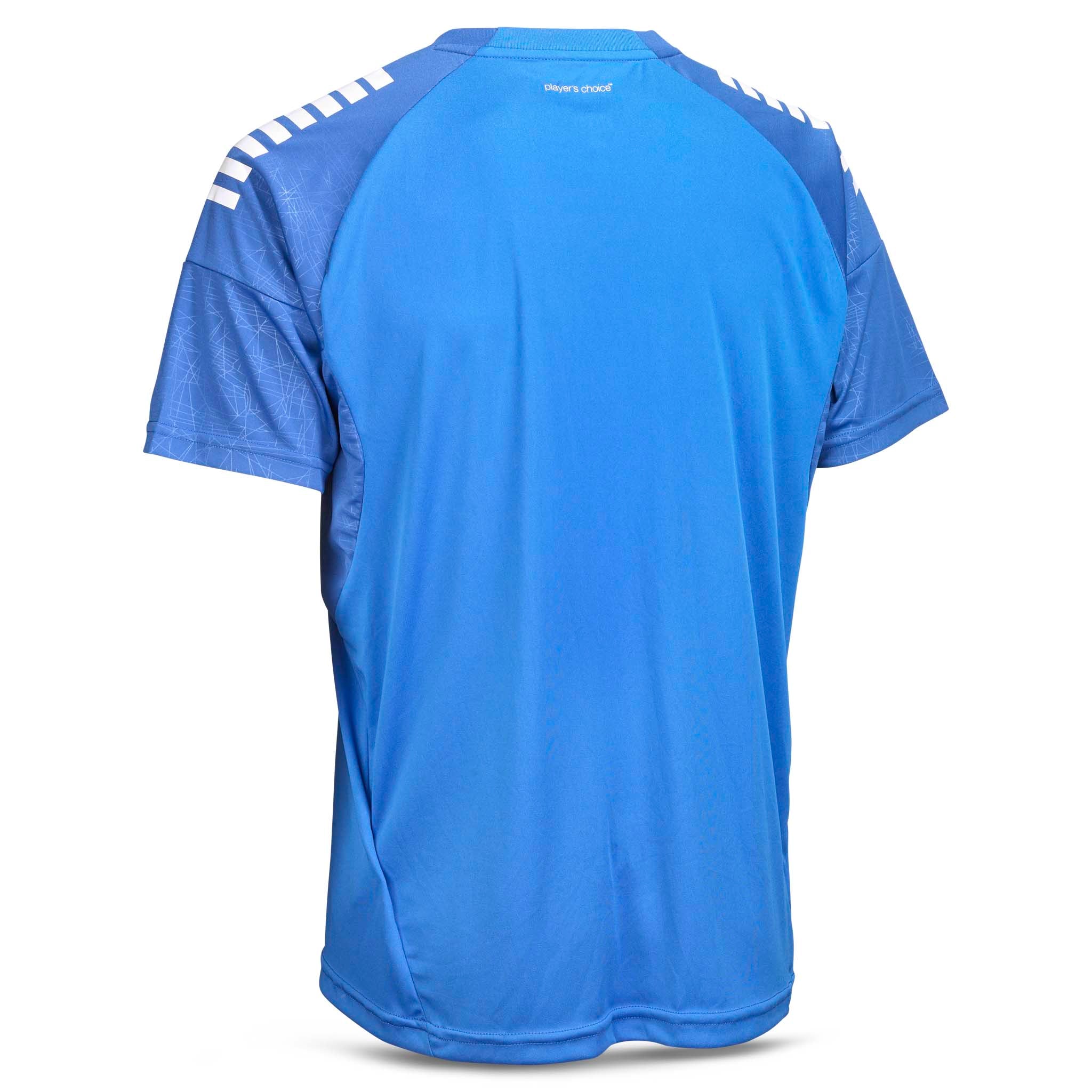 Back page of Player shirt S/S Spain v25, blue with white shoulder stripes. Match & Training wear football.
