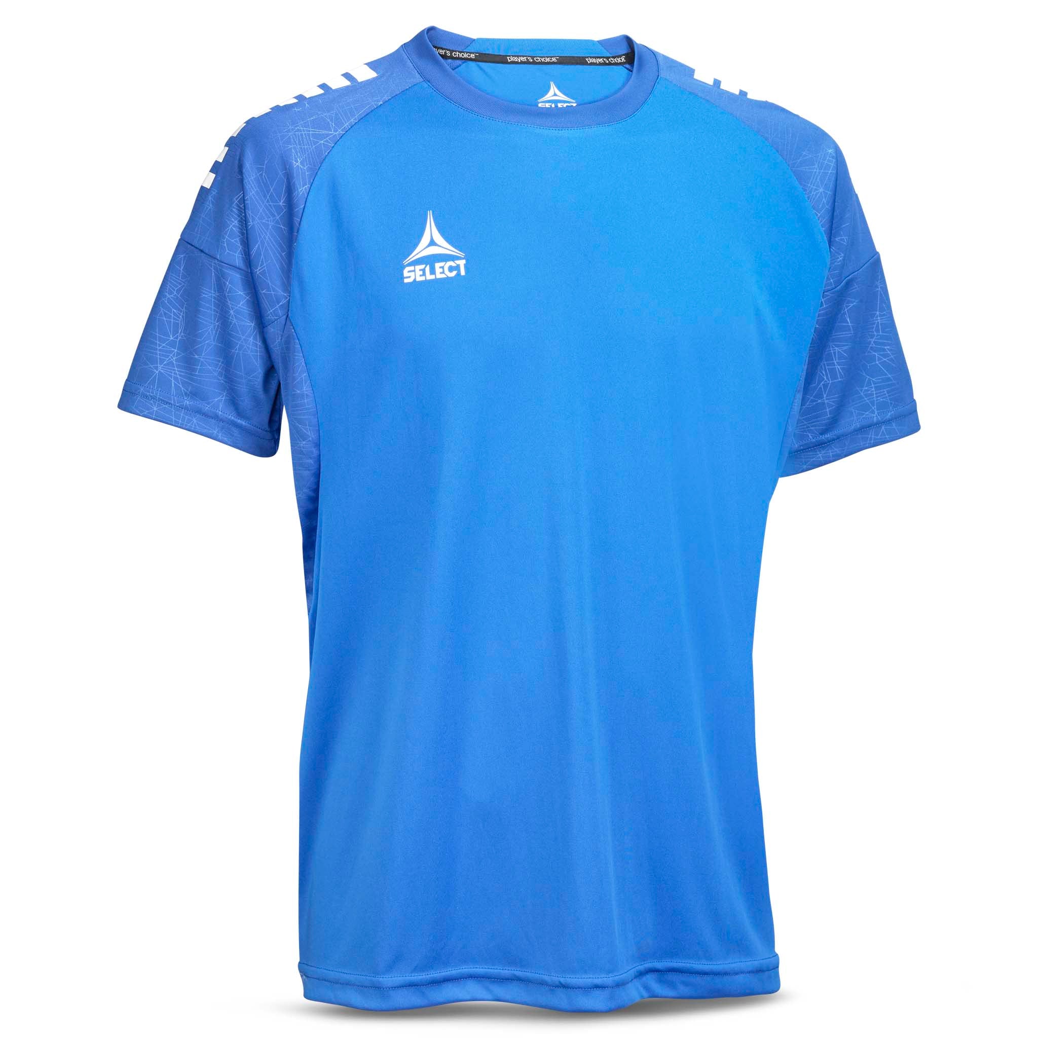 Front view of blue Player shirt S/S Spain v25, Match & Training wear, with white logo and football-style sleeves