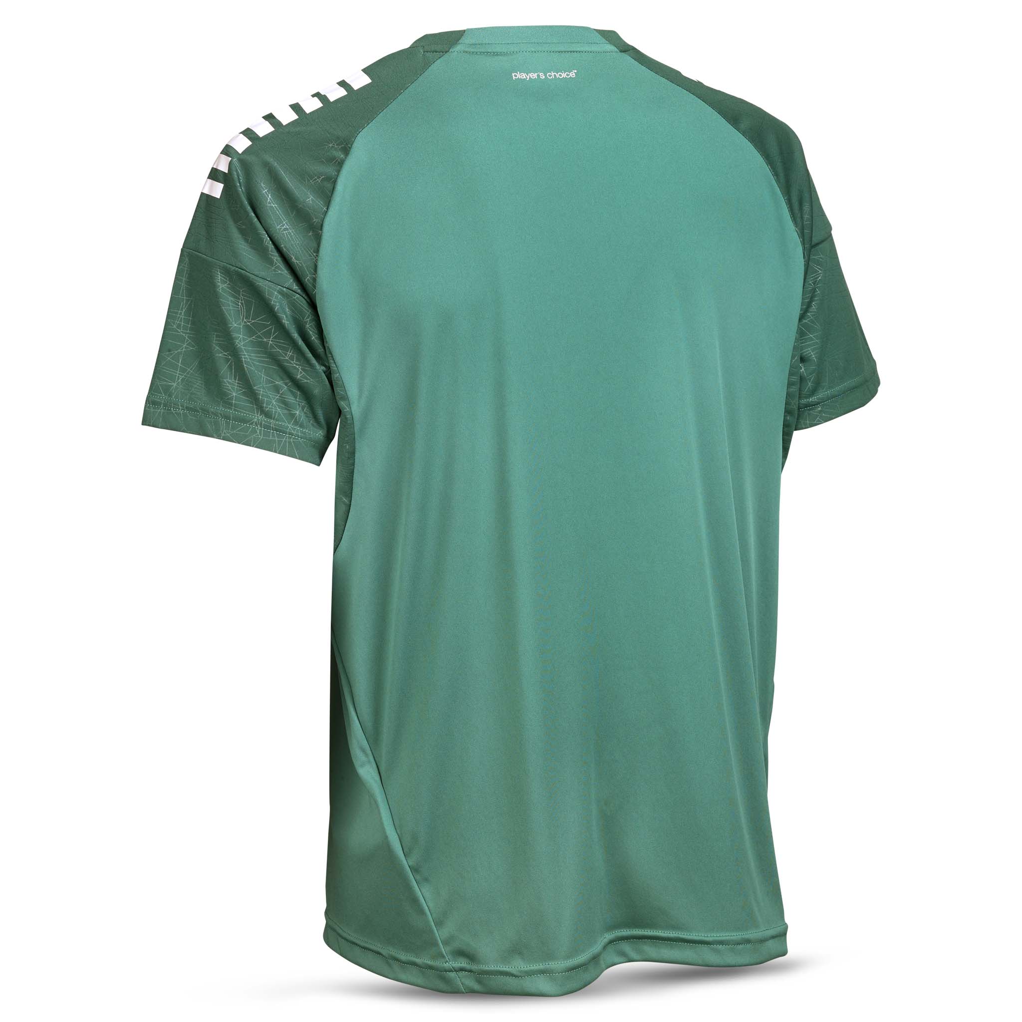 Back page of green Player shirt S/S Spain v25, Match & Training wear, with white shoulder detail.