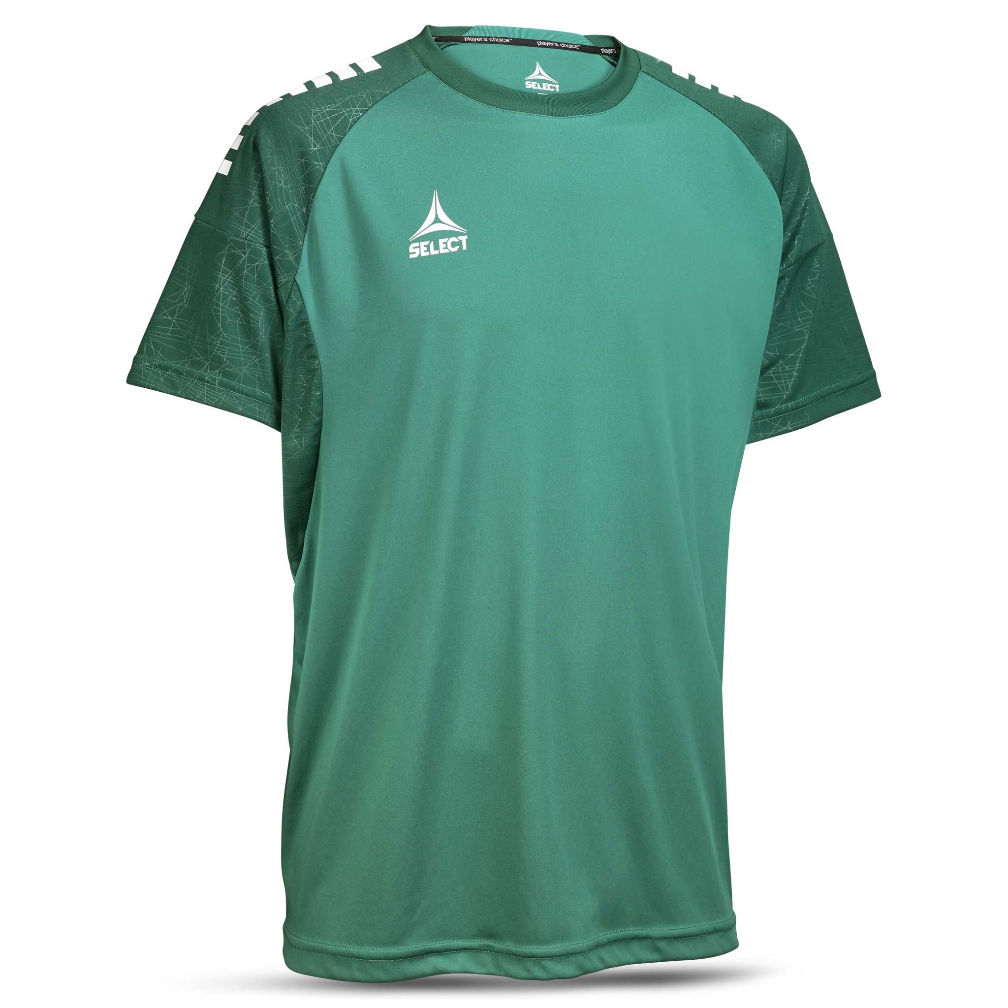 Front page of green Player shirt S/S Spain v25, football Match & Training wear, with dark green sleeve details.