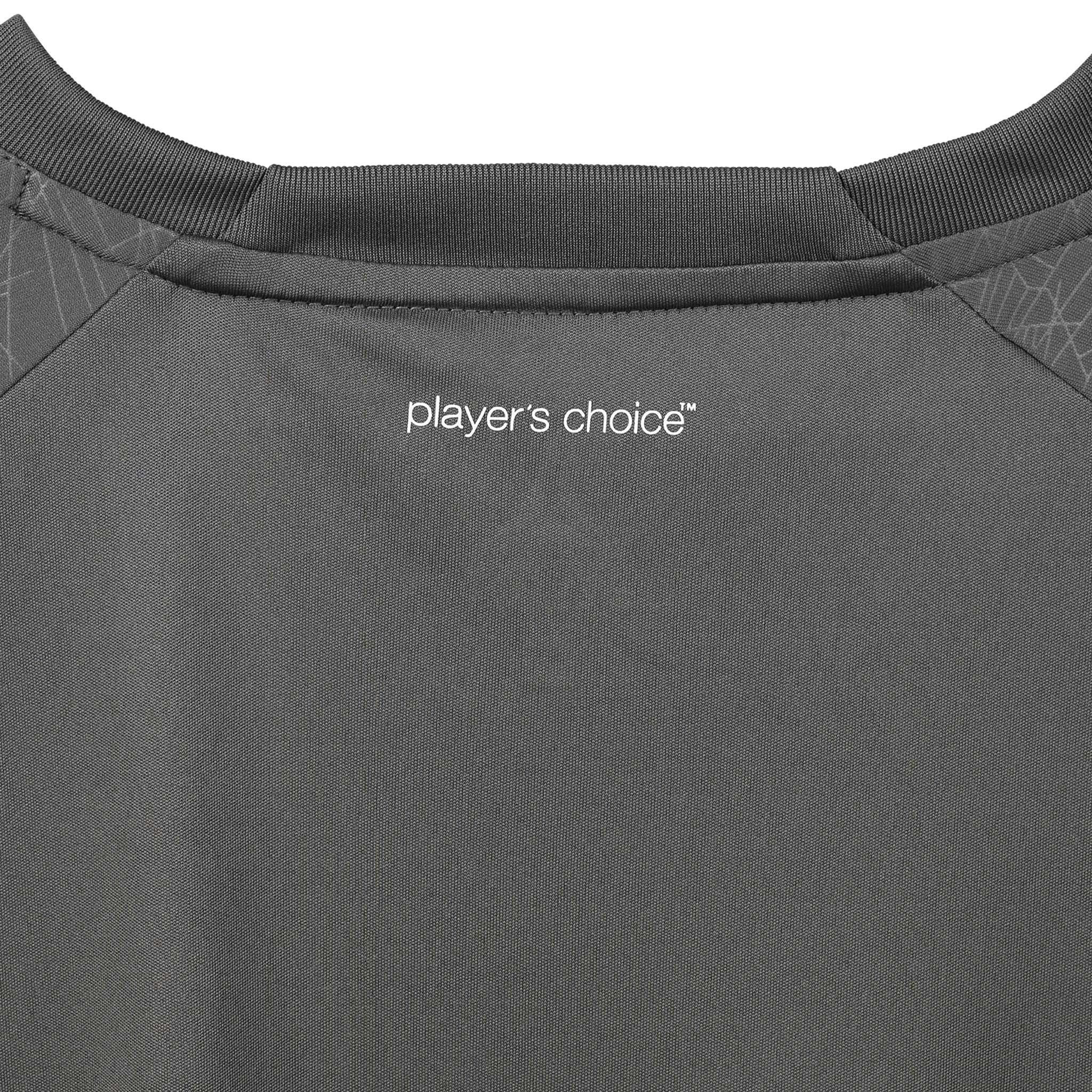 Closeup of grey Player shirt S/S Spain v25 football match & training wear, showing neckline and white player's choice logo.