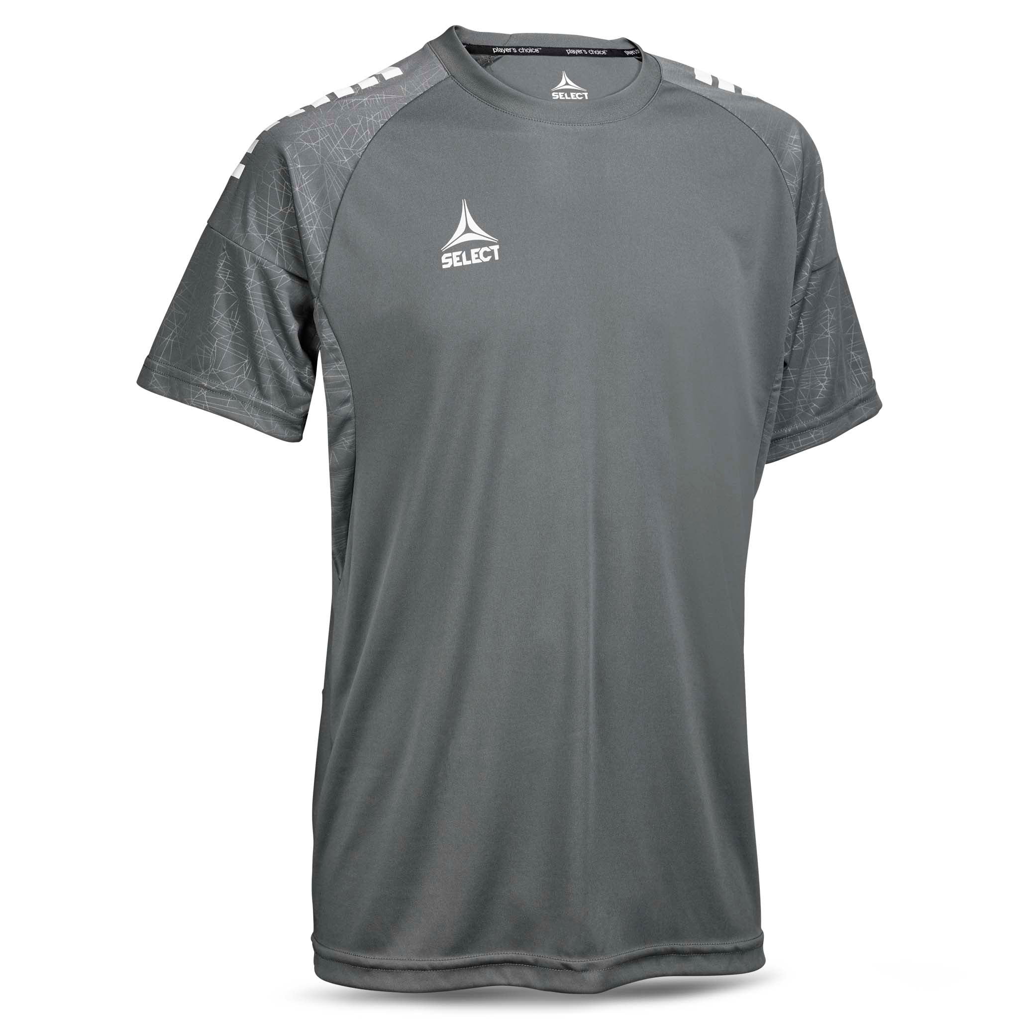 Front view of grey Player shirt S/S Spain v25, Match & Training wear, with white logo and patterned sleeves.