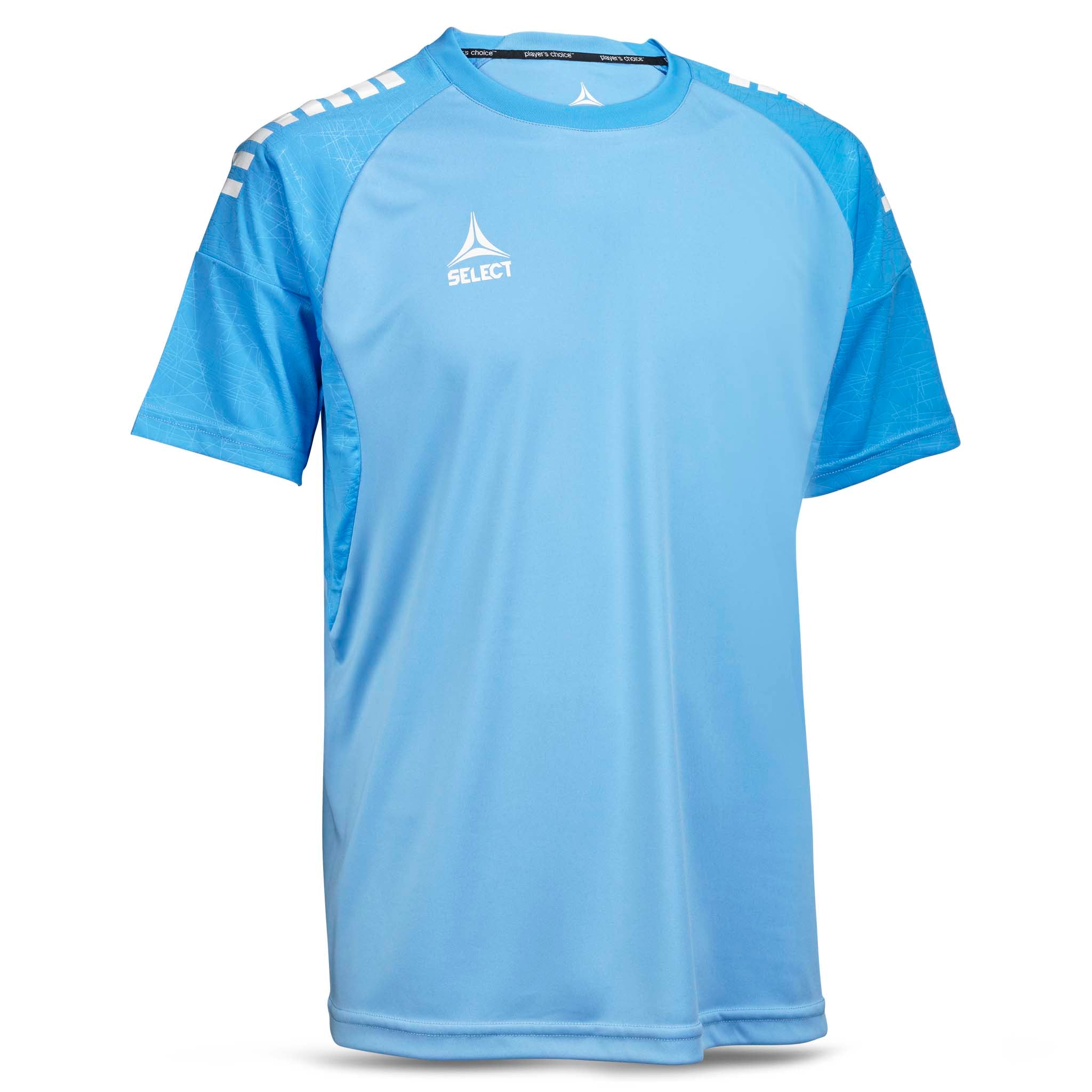 Front view of light blue Player shirt S/S Spain v25 football Match & Training wear with white logo and accents.