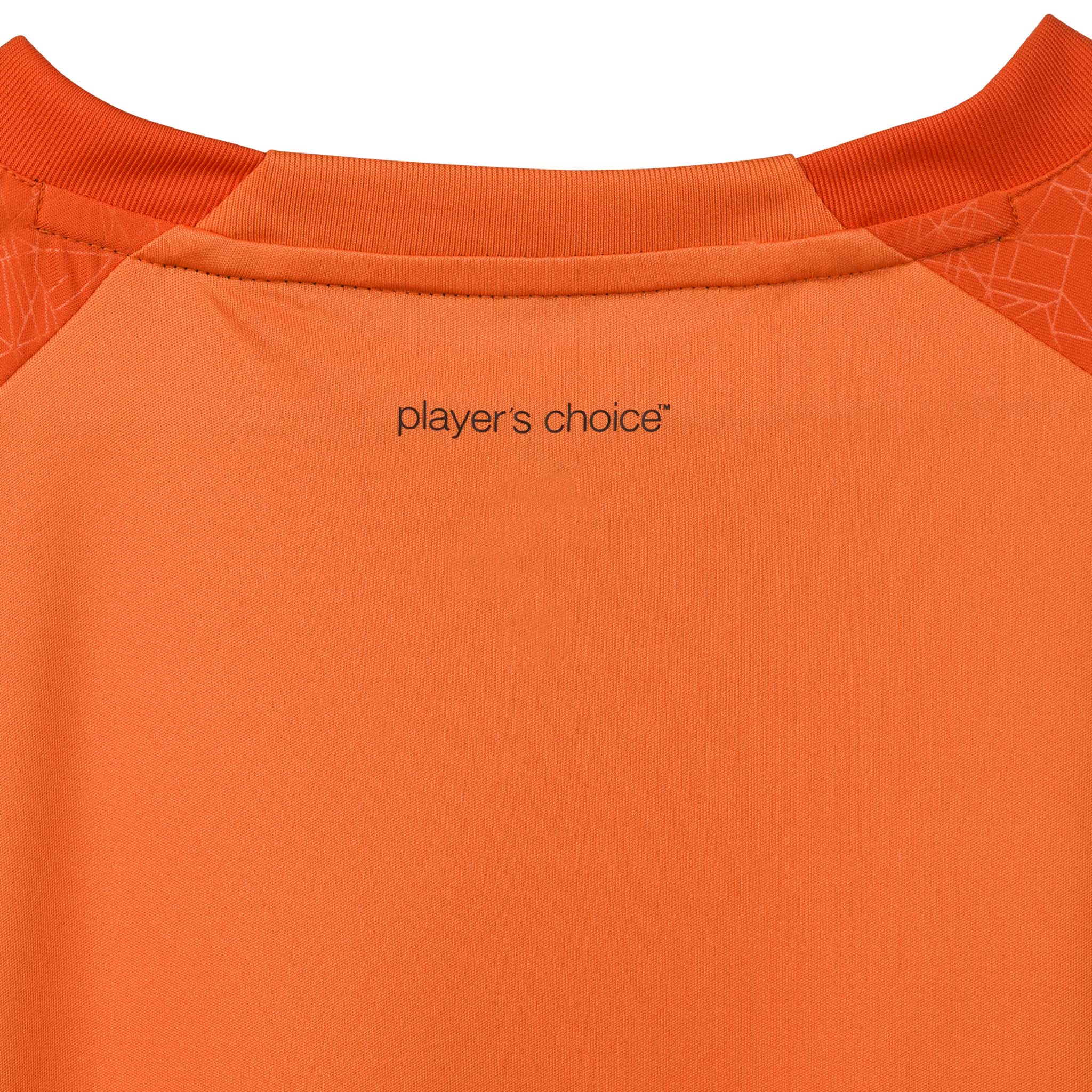 Closeup of orange Player shirt S/S Spain v25, Match & Training wear, with black 'player's choice' print on the neckline.