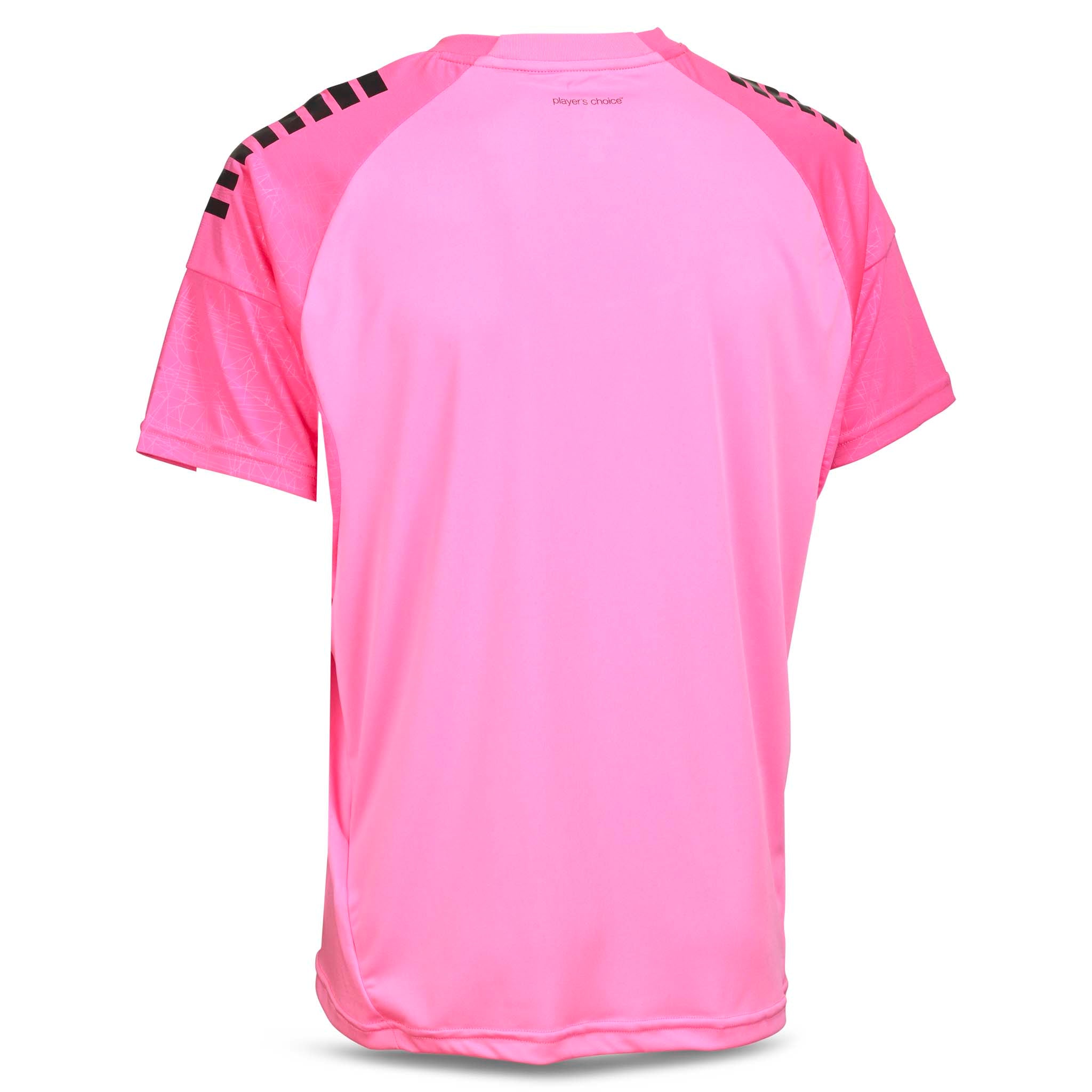 Back page of pink Player shirt S/S Spain v25 football Match & Training wear with black shoulder stripes