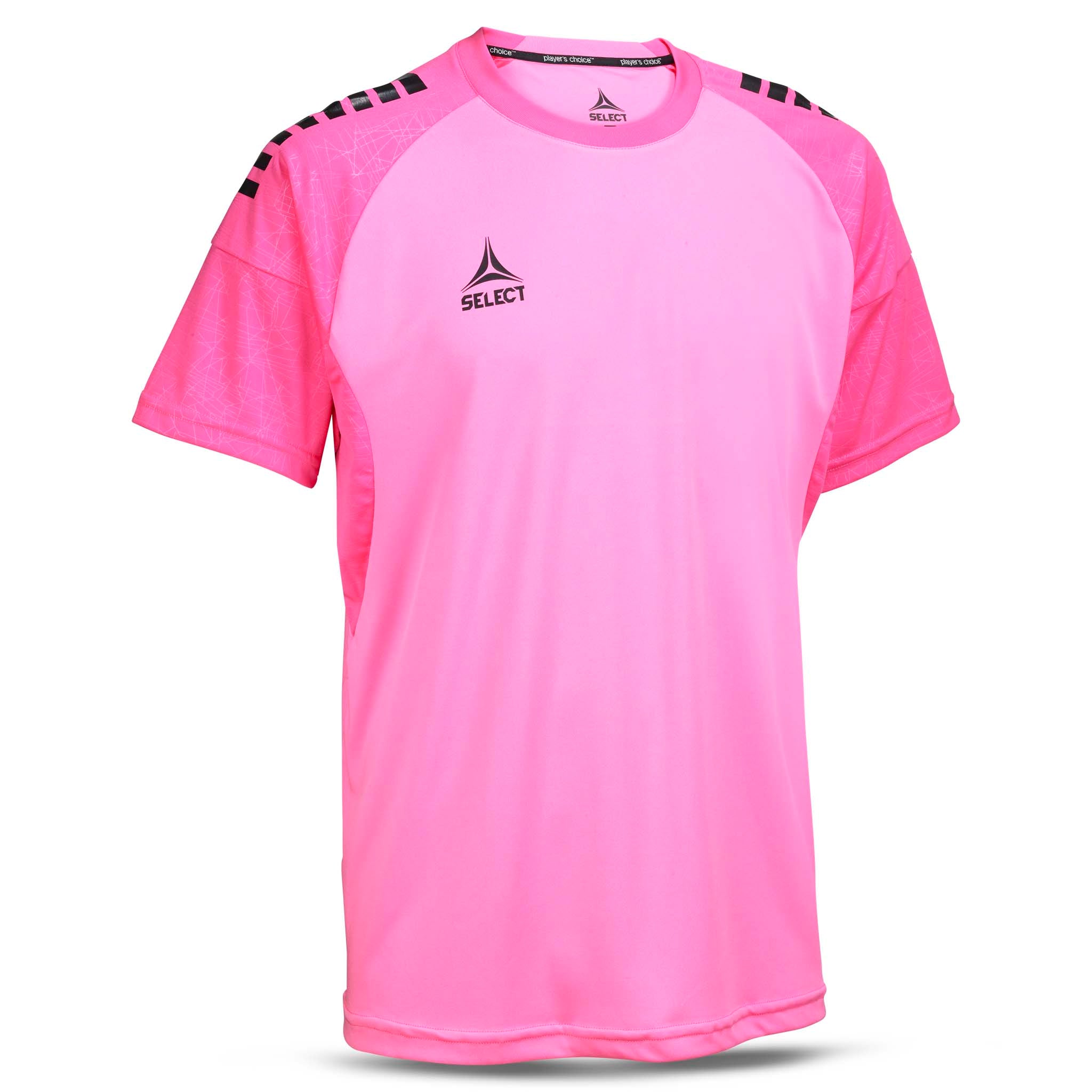 Front page of pink Player shirt S/S Spain v25 football Match & Training wear with black shoulder detail