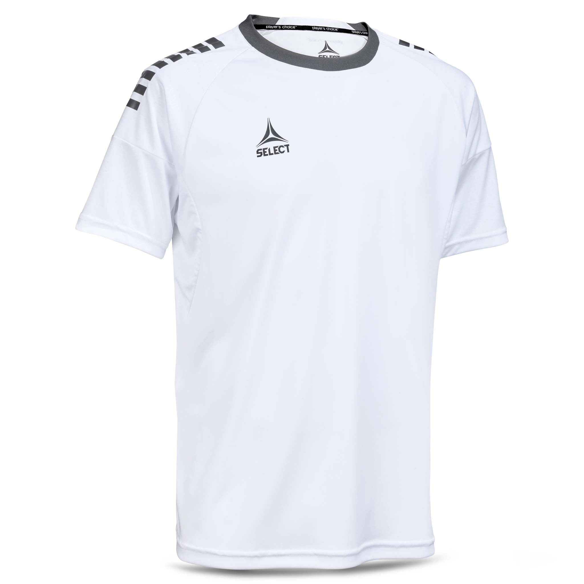 Front view of white Player shirt S/S Spain v25 football Match & Training wear with grey shoulder details