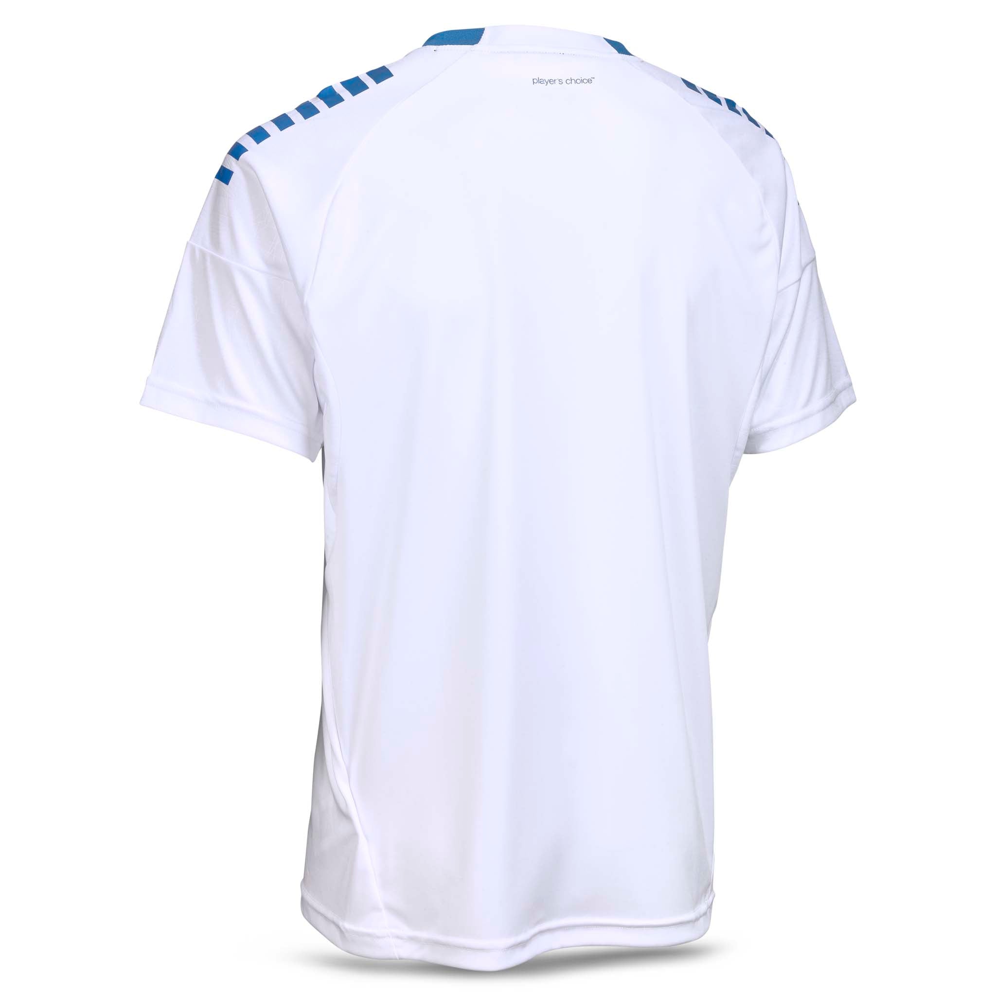 Back page of white Player shirt S/S Spain v25 with blue shoulder detail, football Match & Training wear