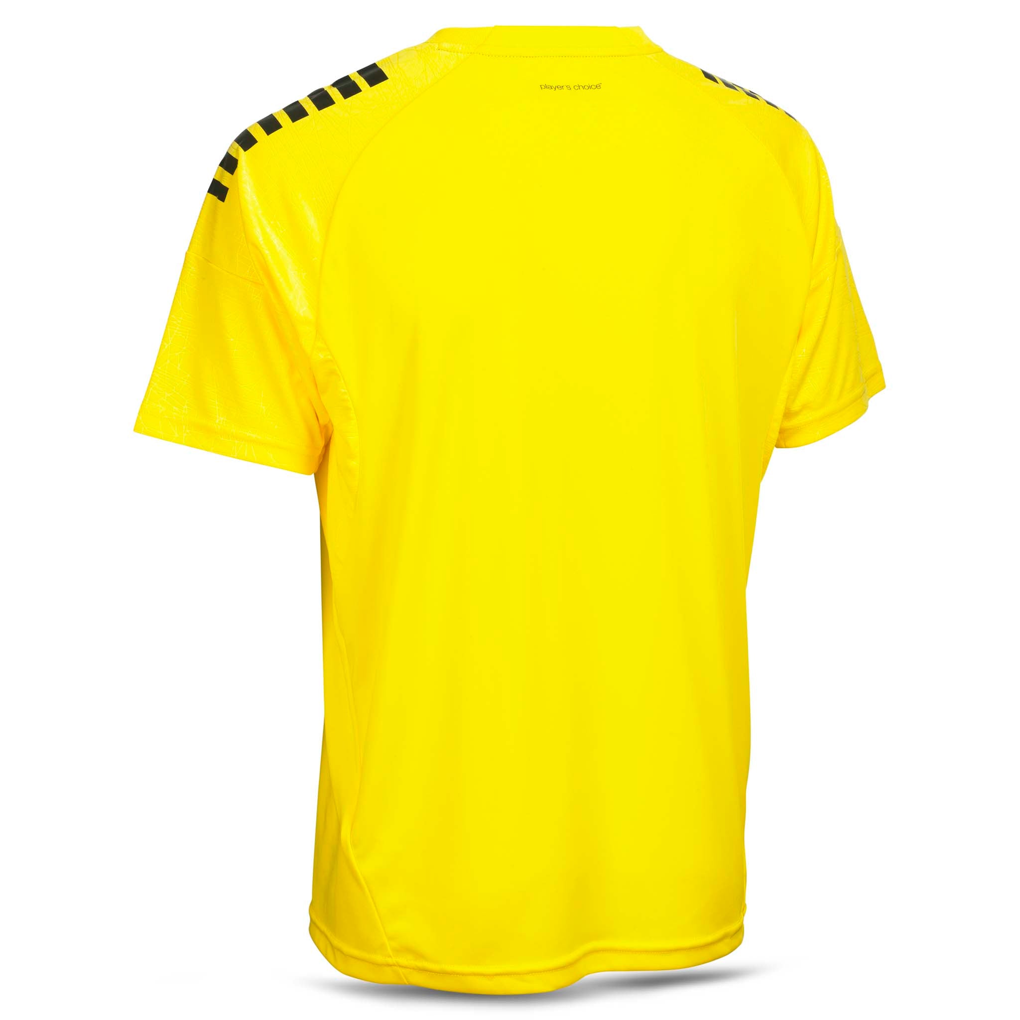 Back page of yellow Player shirt S/S Spain v25 with black shoulder stripes, football Match & Training wear