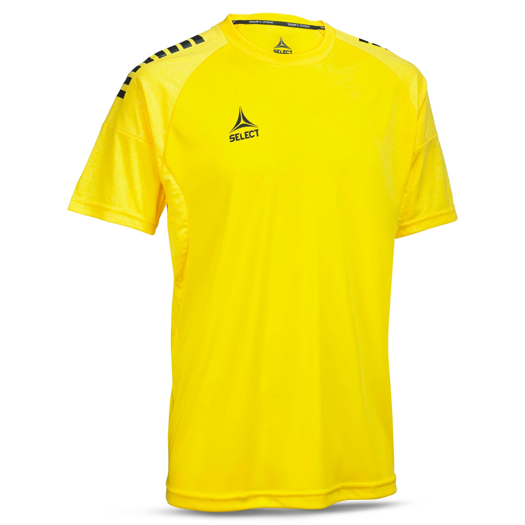 Front page of yellow Player shirt S/S Spain v25 with black shoulder detail, football Match & Training wear