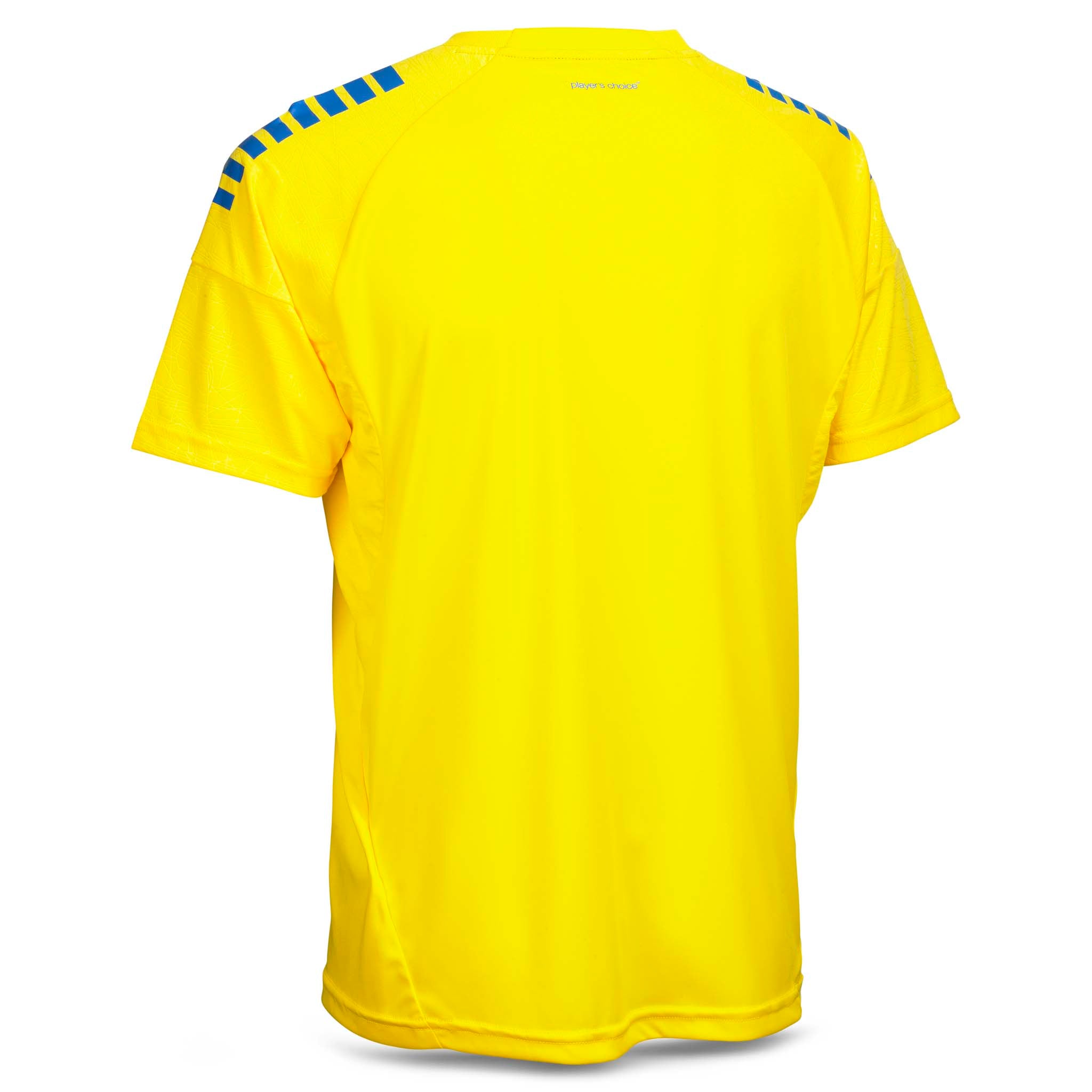 Back page of yellow Player shirt S/S Spain v25 with blue shoulder details, Match & Training wear football