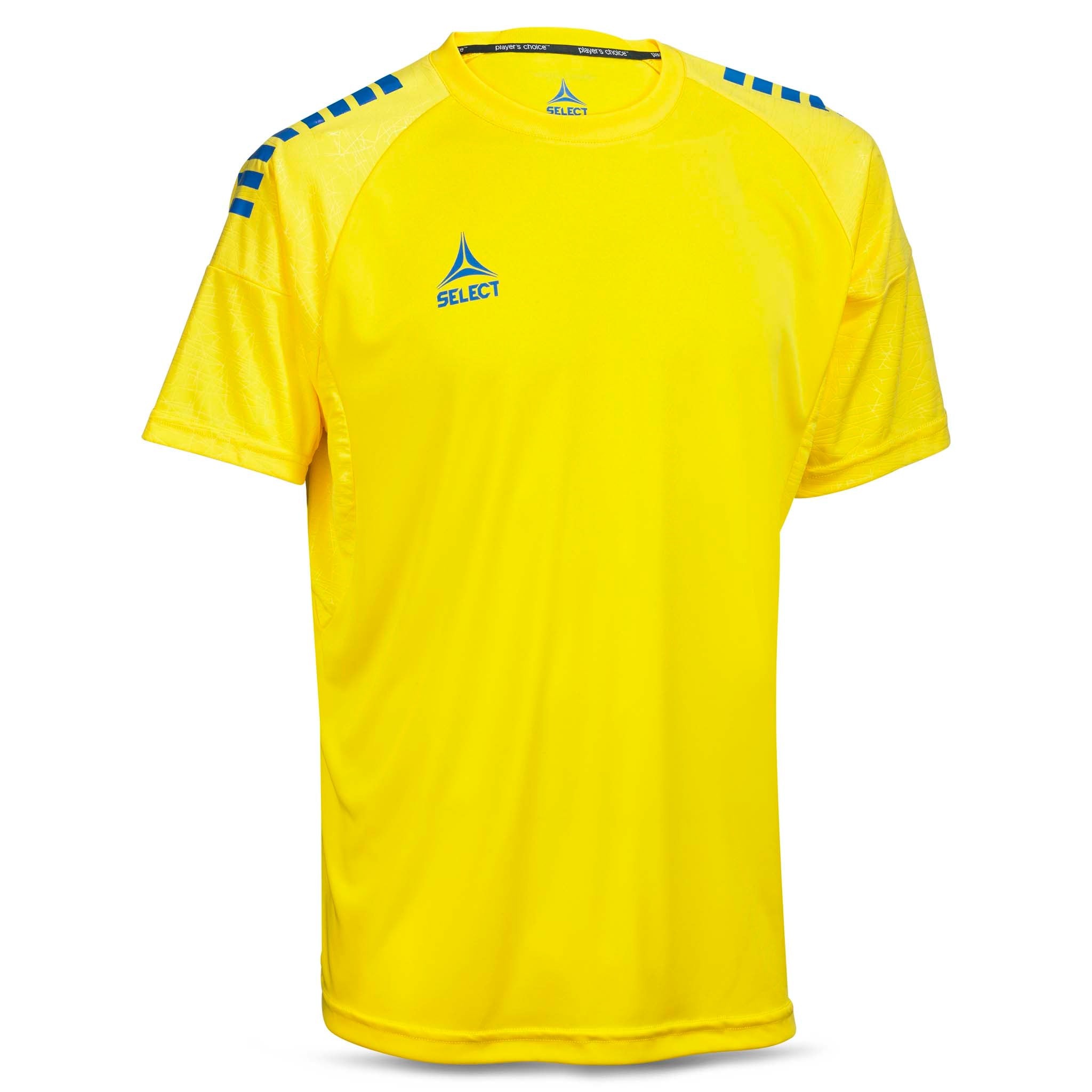 Front view of yellow Player shirt S/S Spain v25 with blue shoulder details, Match & Training football wear.