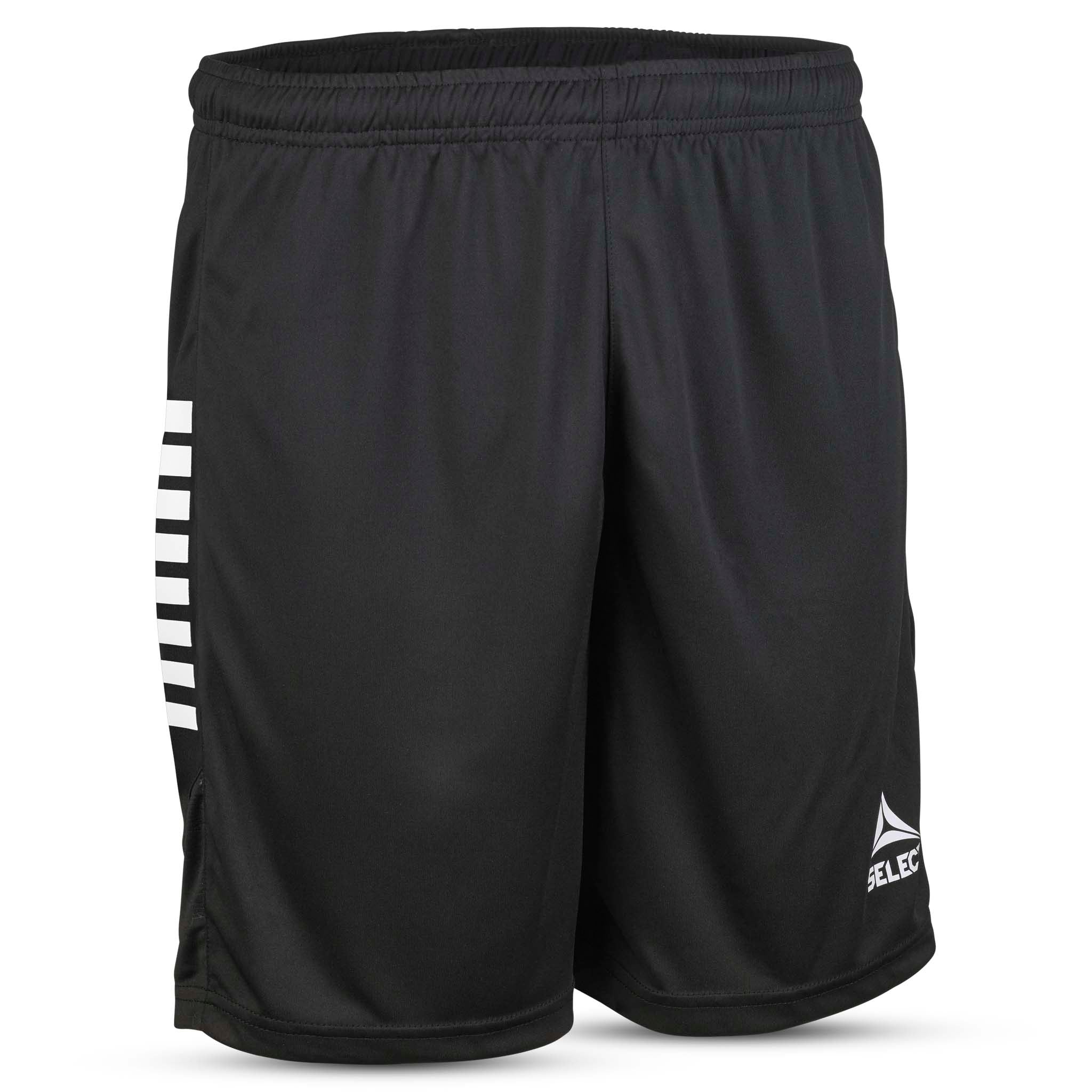 Black Player shorts Spain v25, front view, with white stripes. Match & Training wear for football.