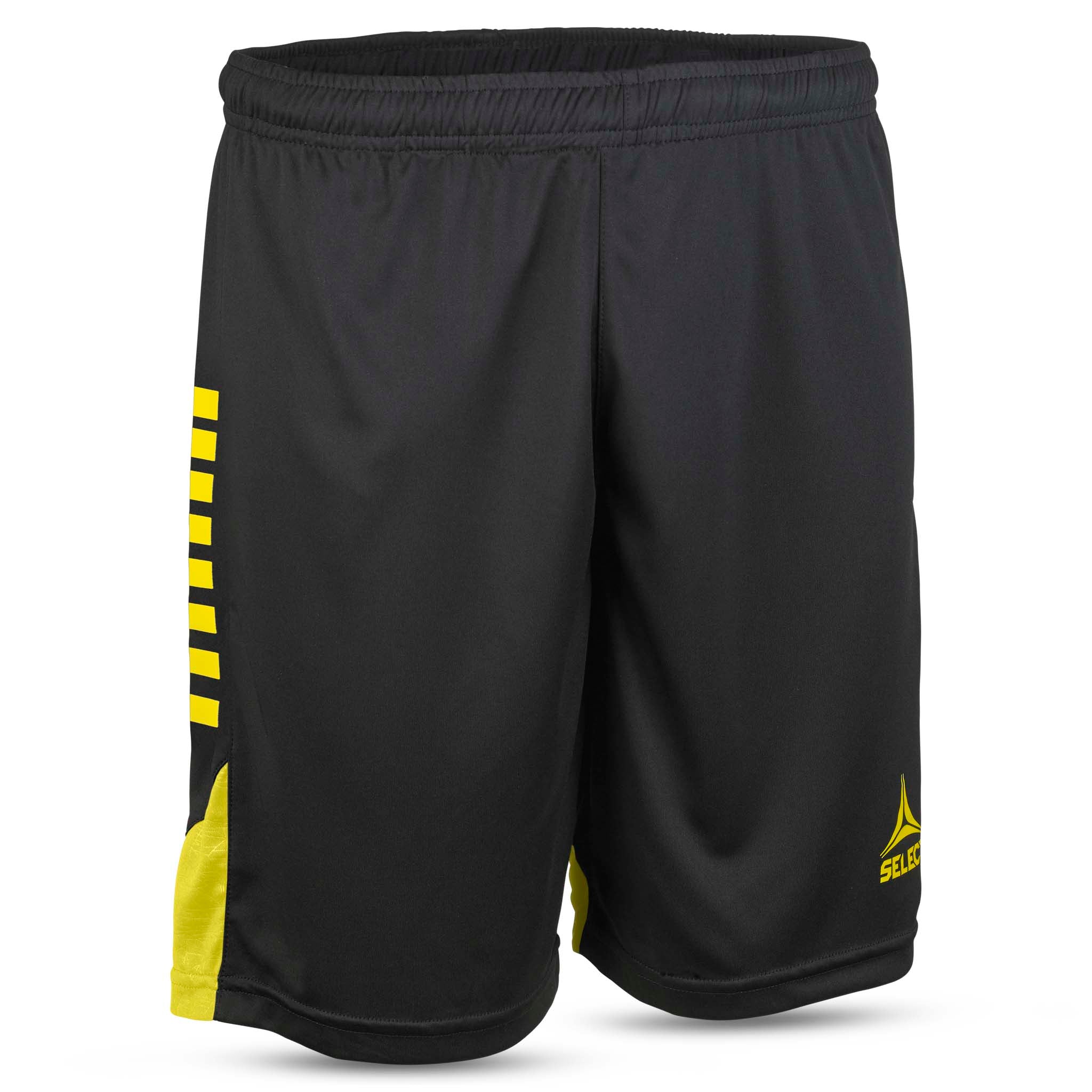 Player shorts Spain v25, black with yellow stripes, Match & Training wear, front page view.