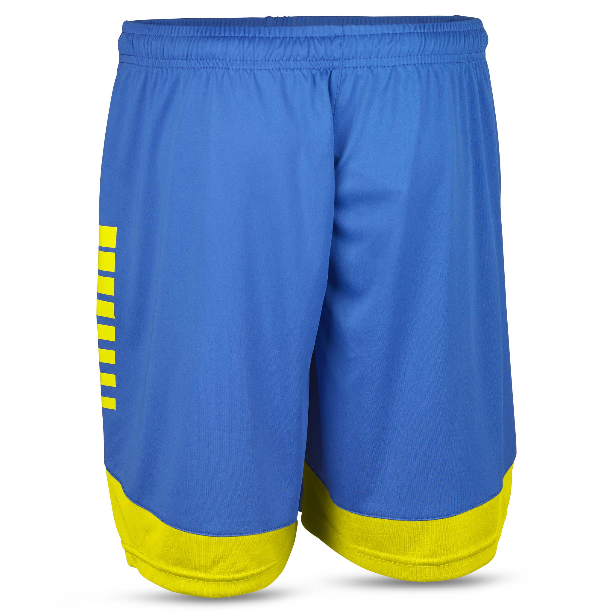 Blue Player shorts Spain v25 with yellow stripes, back page. Match & Training wear.