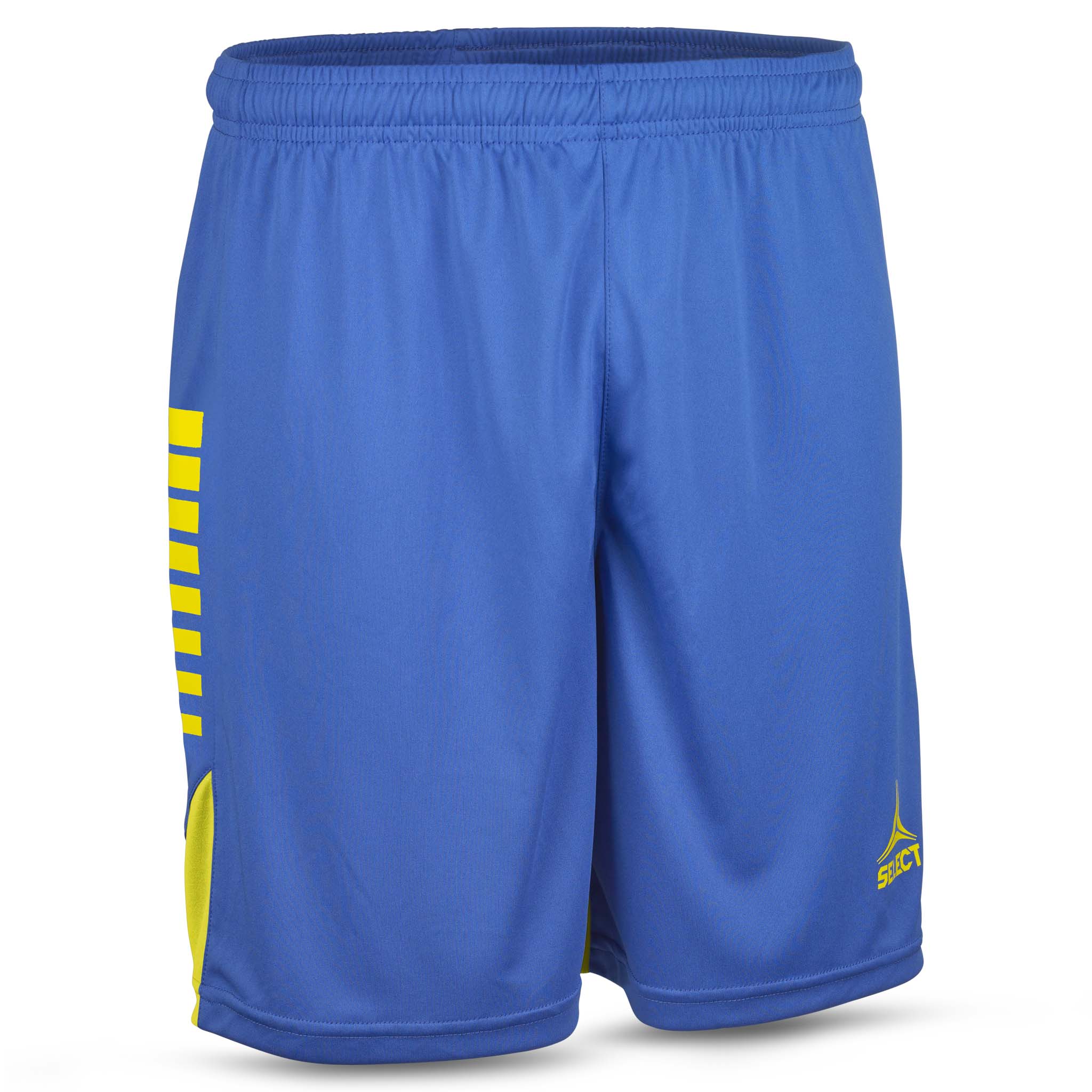 Front view of blue Player shorts Spain v25 with yellow accents, Match & Training wear for football