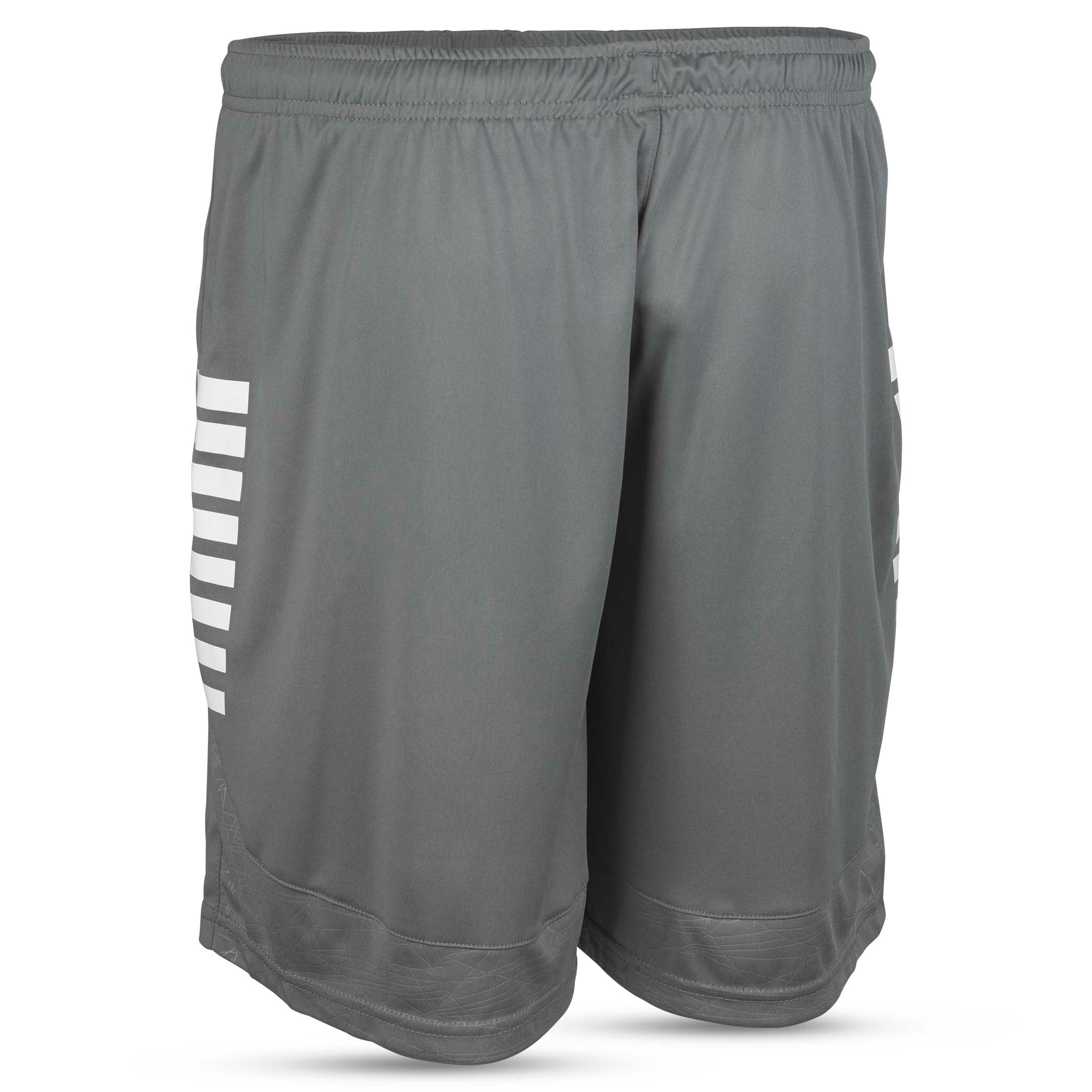 Grey Player shorts Spain v25, white stripes, back page. Football Match & Training wear.