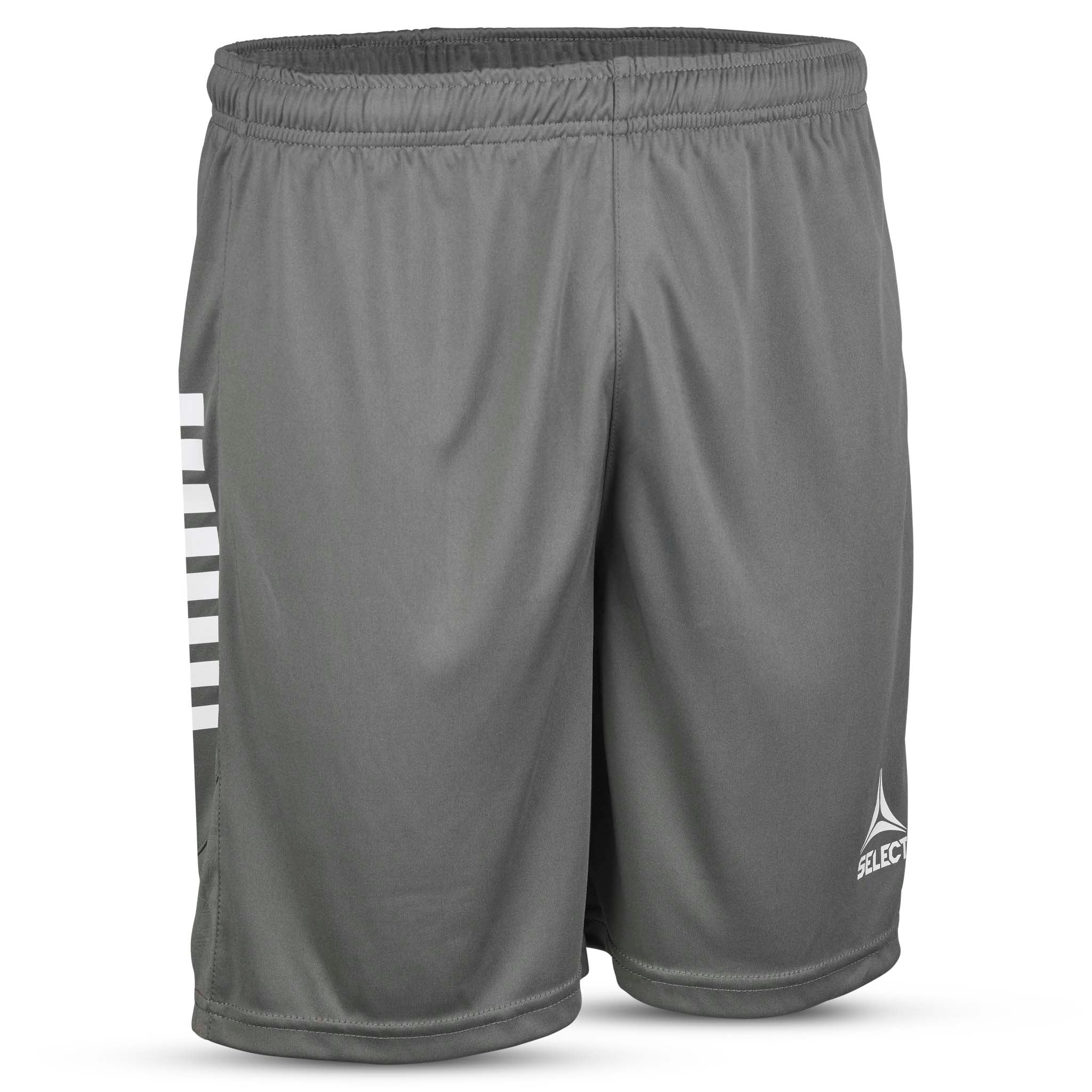 Front view of grey Player shorts Spain v25 with white stripes, Match & Training wear for football.