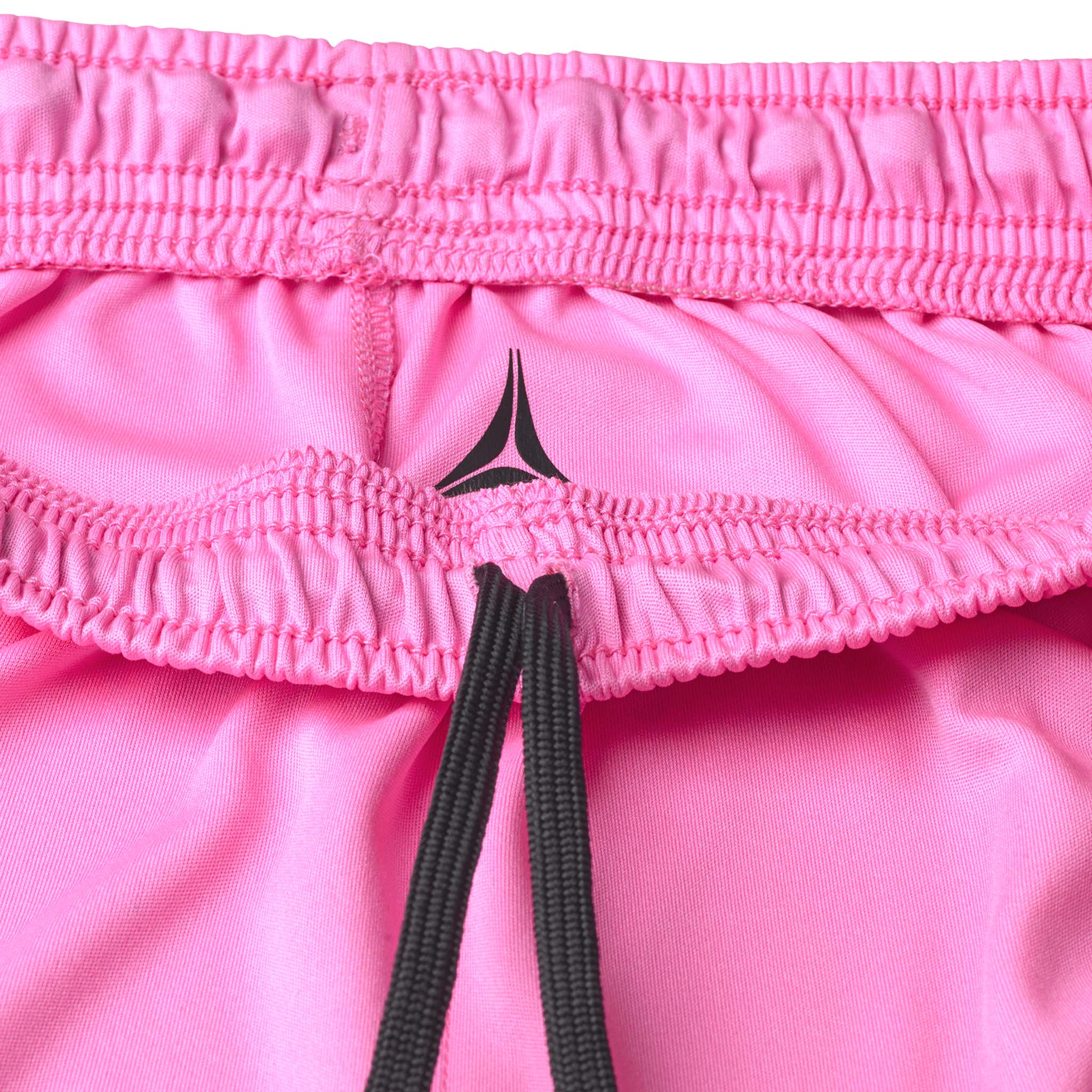 Closeup of pink Player shorts Spain v25, Match & Training wear, showing elastic waistband and black drawstring.