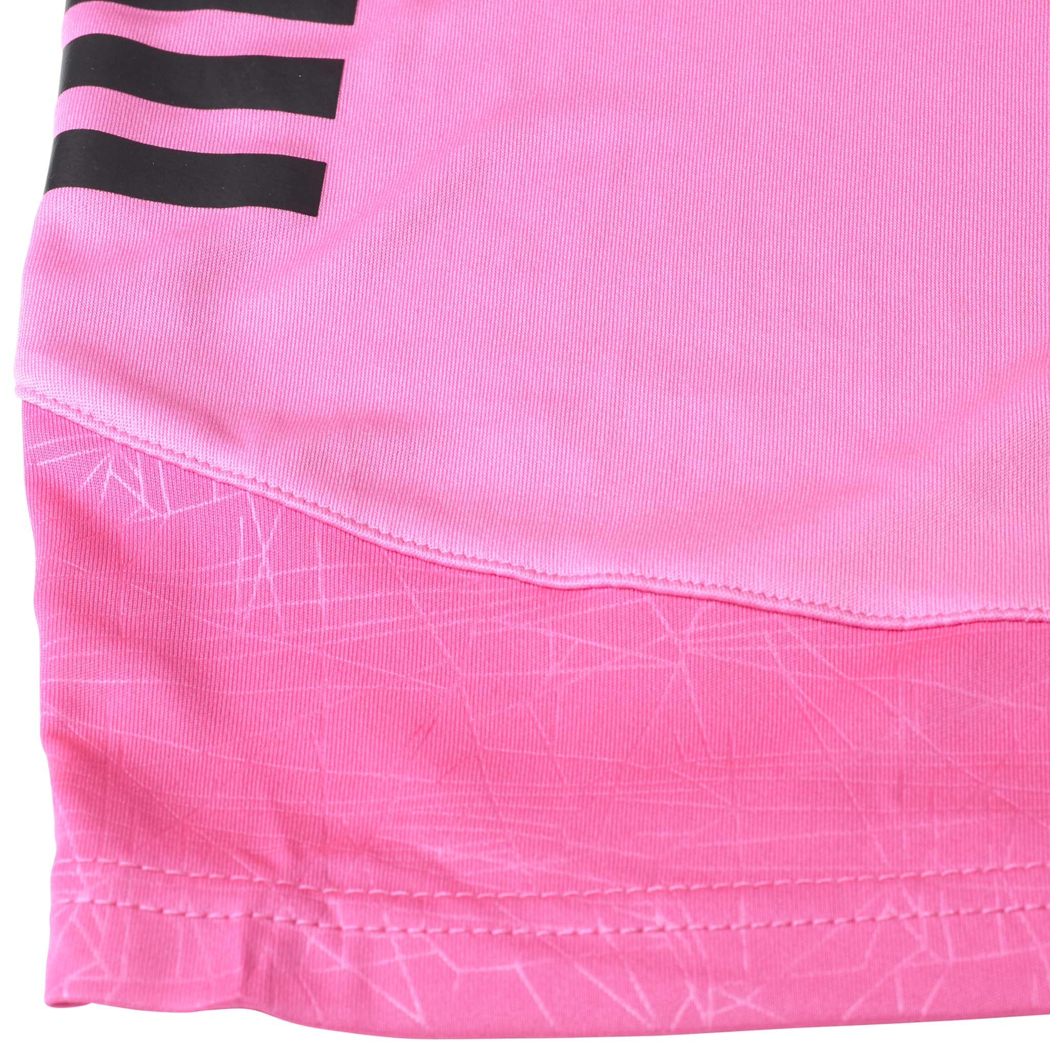 Closeup of pink Player shorts Spain v25 with black stripes, Match & Training wear, showing fabric and stitching detail