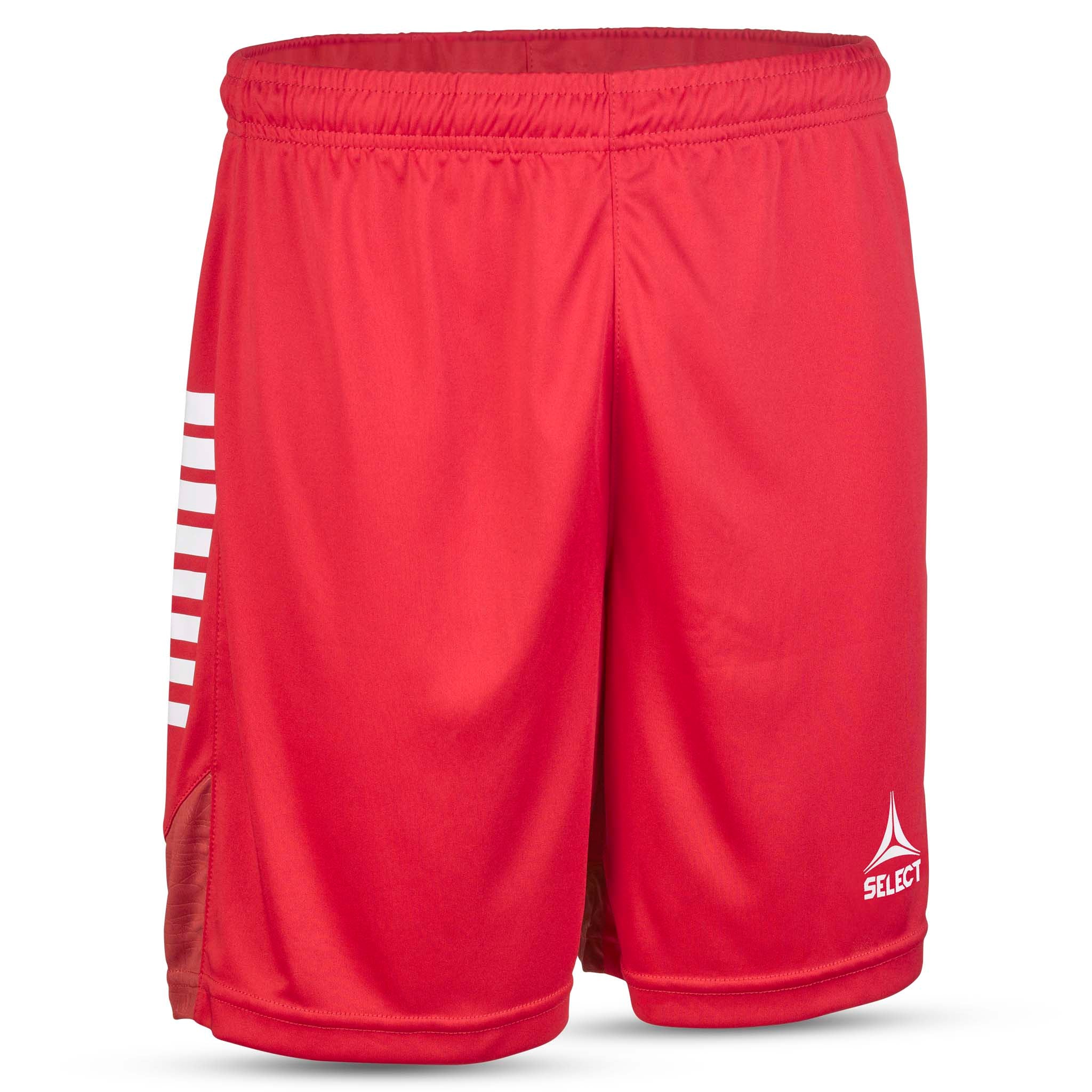 Front page of red Player shorts Spain v25 with white stripes, Match & Training wear
