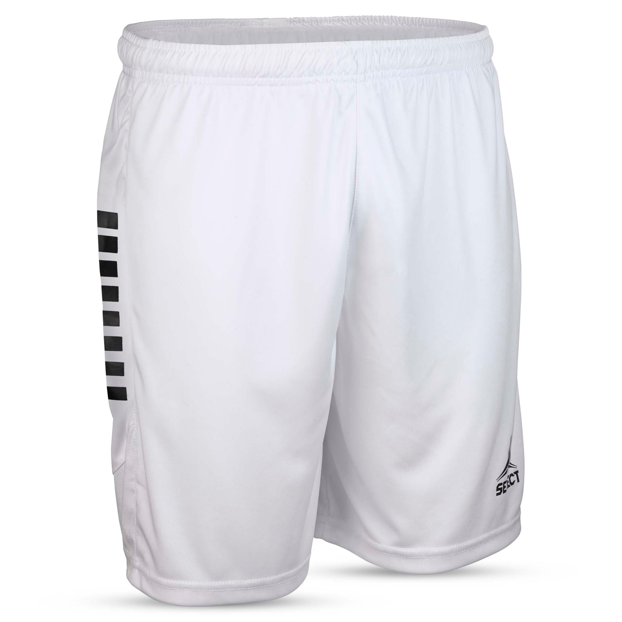 Front view of white Player shorts Spain v25 with black side stripes, Match & Training wear for football.