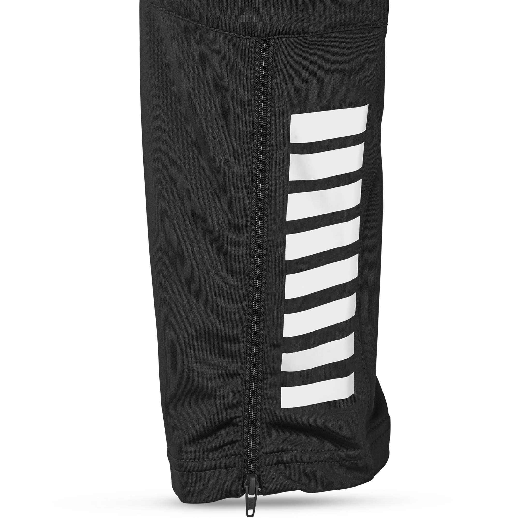 Closeup of black Training pants regularFit Spain v25, Match & Training wear, white stripes and zipper detail.