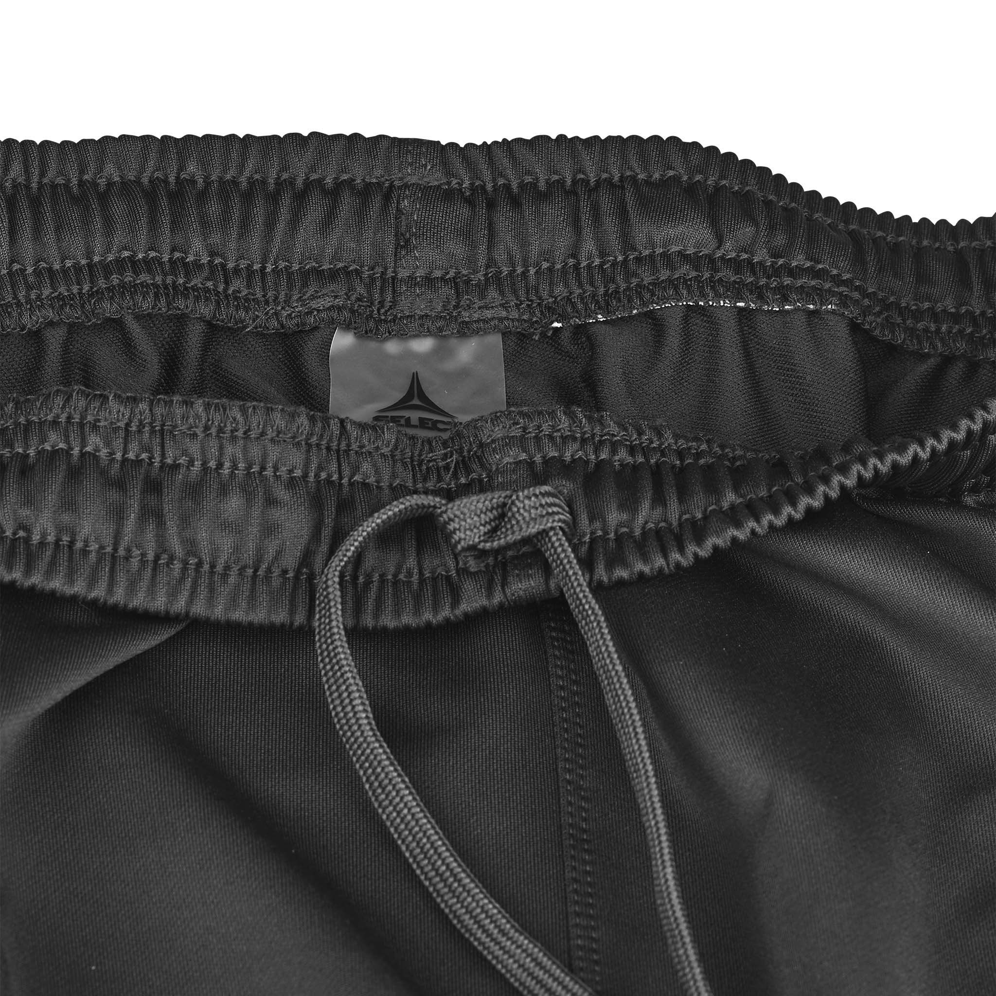 Closeup of black Training pants regularFit Spain v25, Match & Training wear, showing elastic waistband and drawstring.