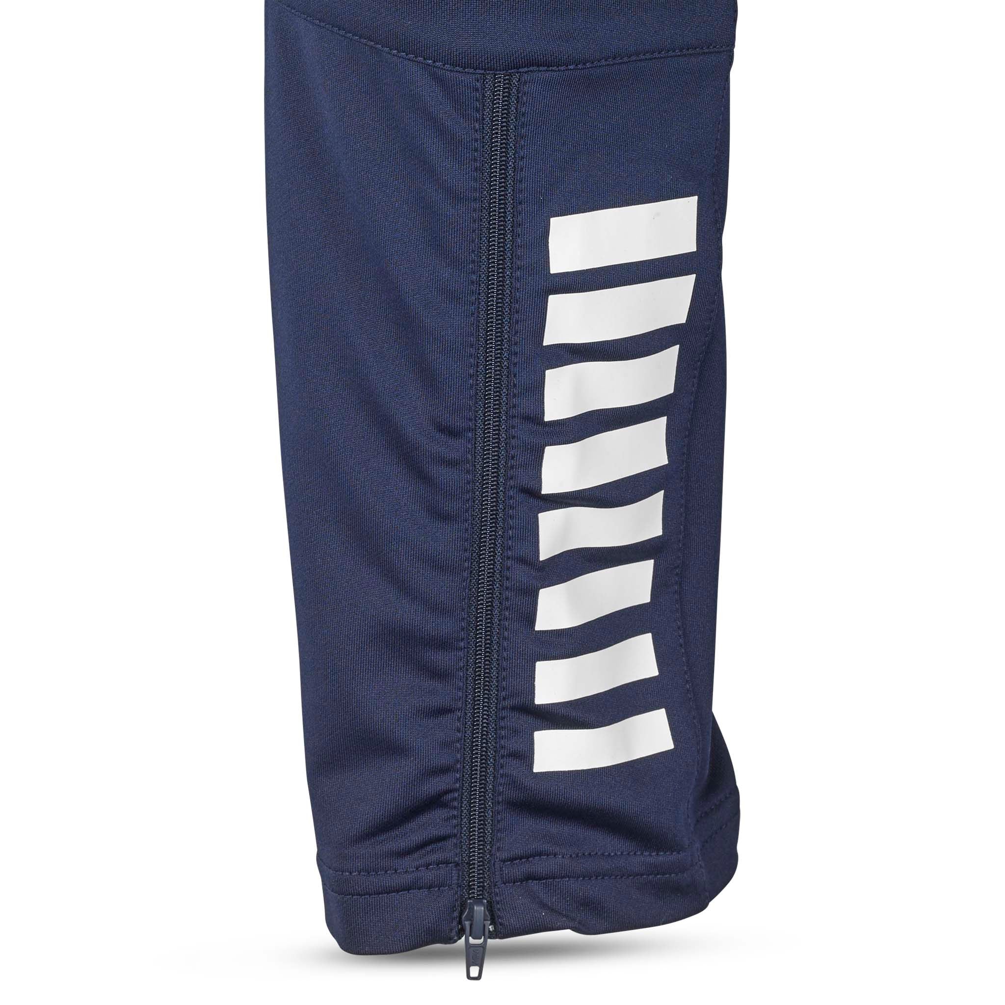Closeup of navy Training pants regularFit Spain v25, Match & Training wear, white striped detail and zipper