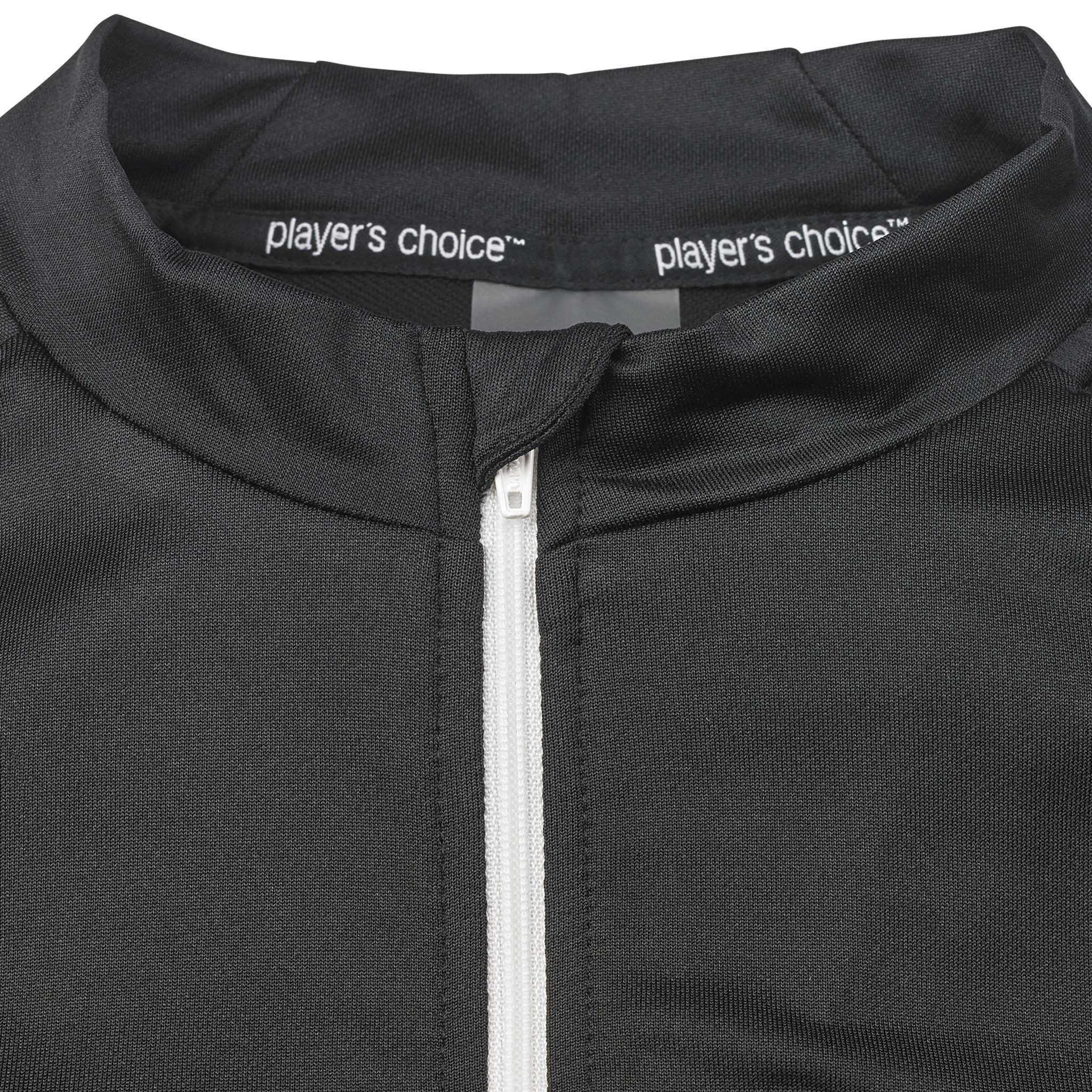 Closeup of black Training sweat 1/2 zip Spain v25, white zip and inner collar text, Match & Training wear