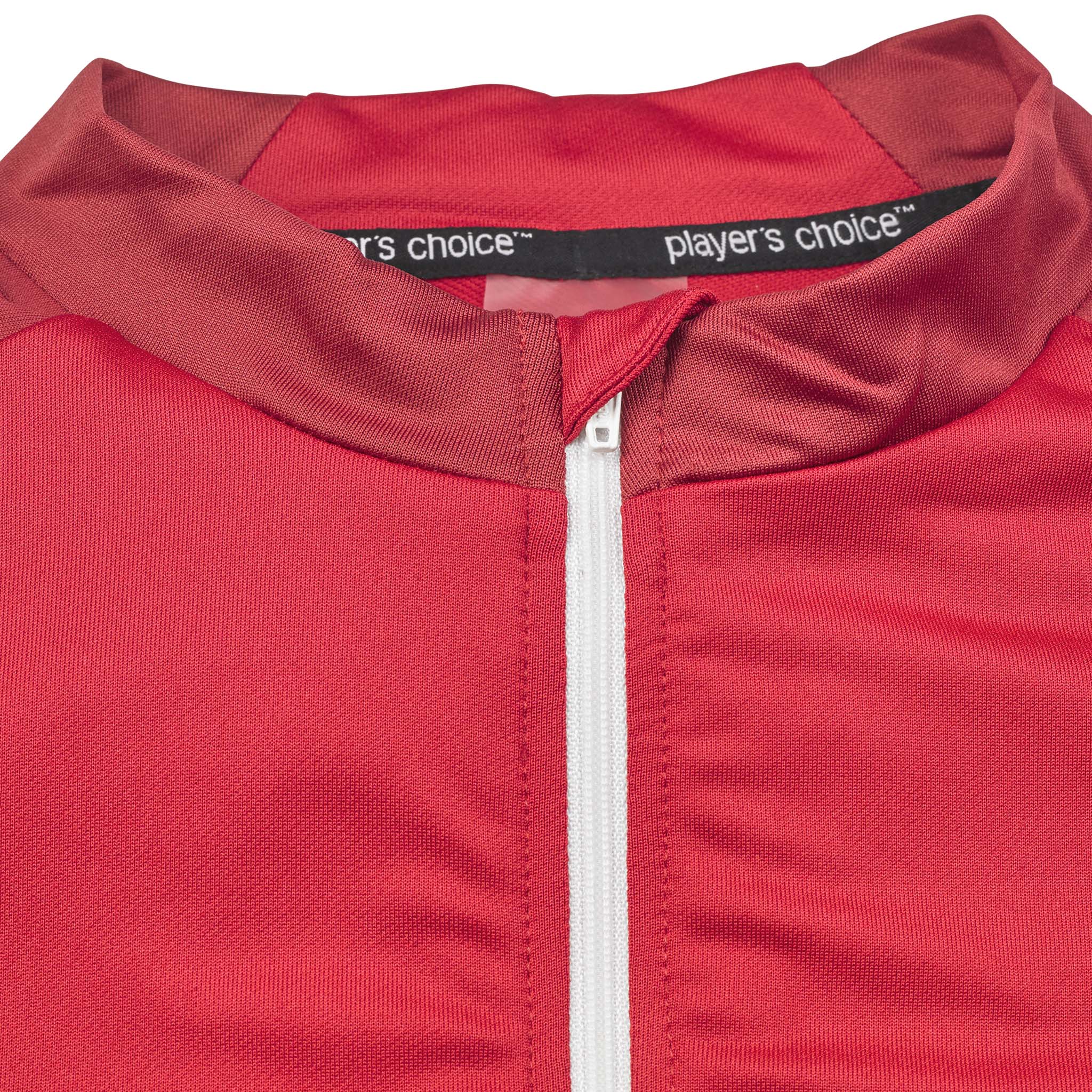 Closeup of red Training sweat 1/2 zip Spain v25, Match & Training wear, white zip and black collar branding.