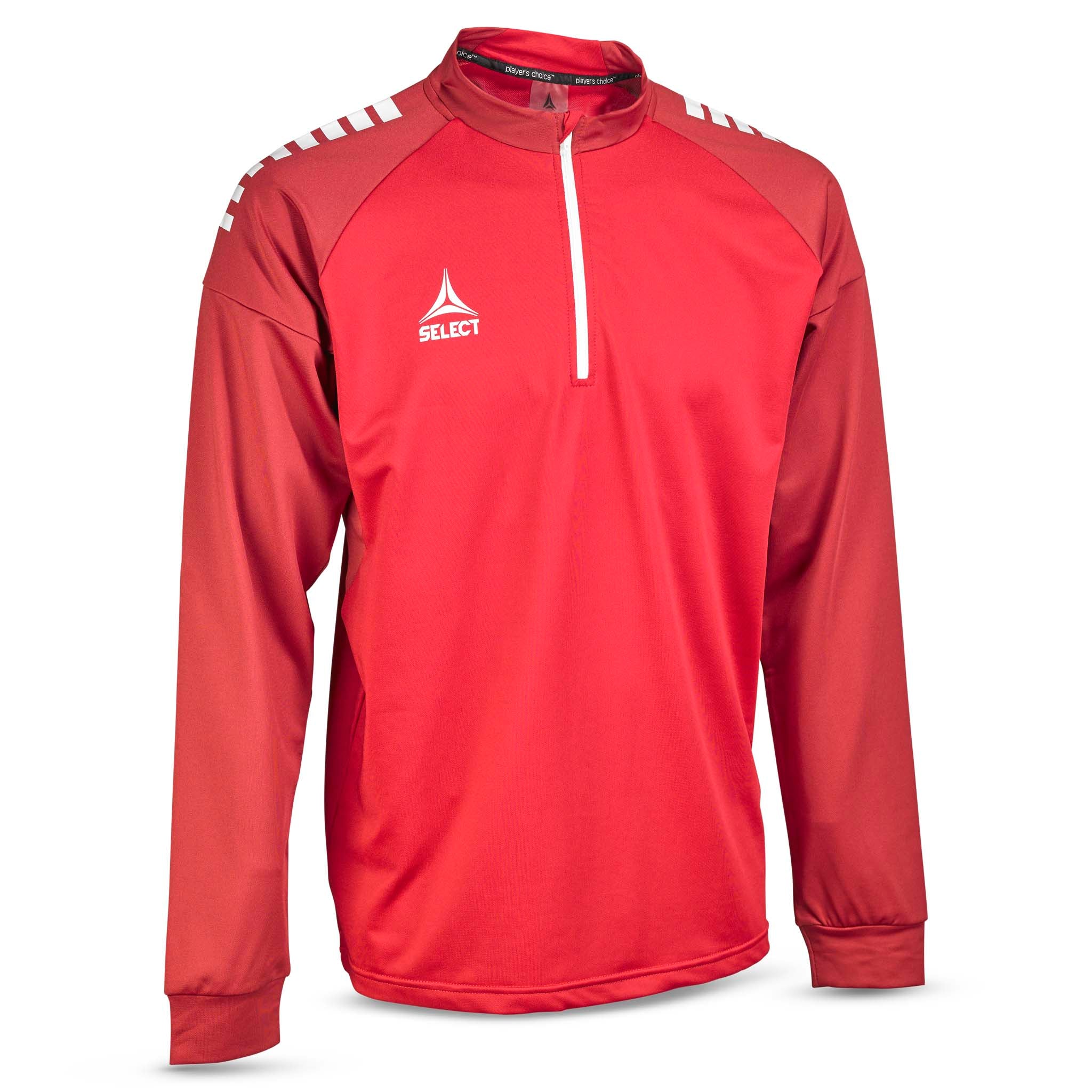 Front page of red Training sweat 1/2 zip Spain v25, Match & Training wear, with white zip and shoulder details