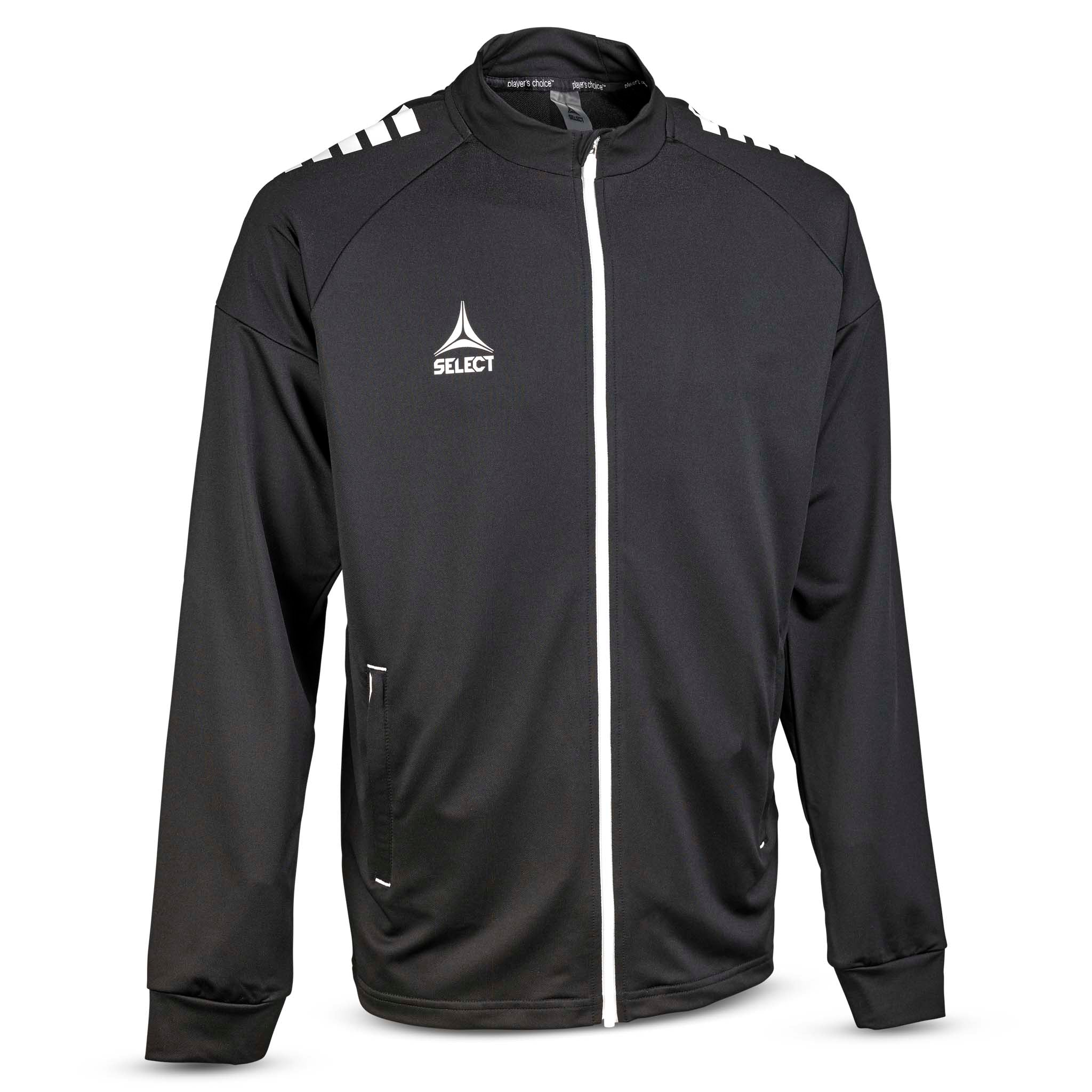 Black and white Training zip jacket Spain v25, front view. Match & Training wear with white zipper and logo.