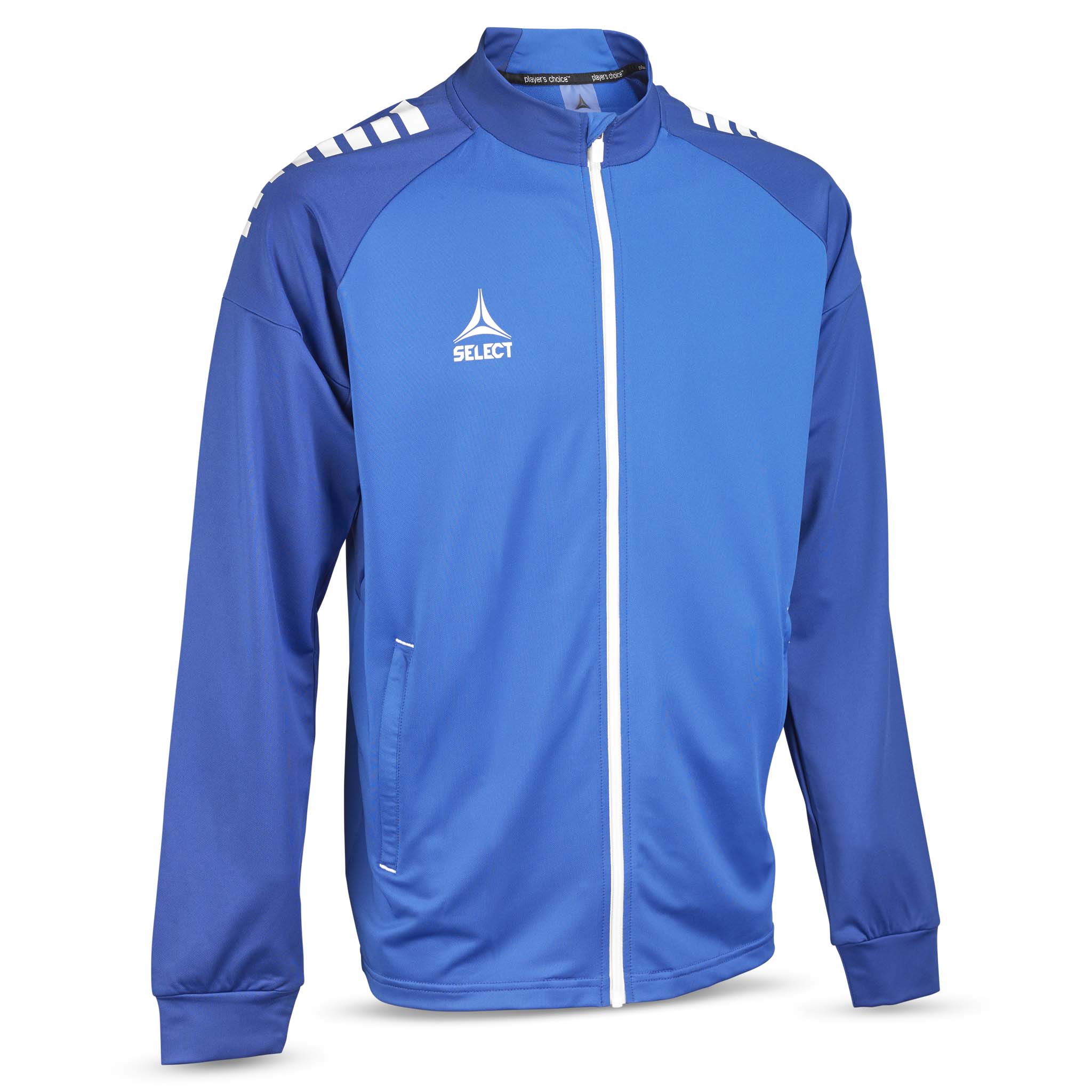 Front view of blue and white Training zip jacket Spain v25, football Match & Training wear