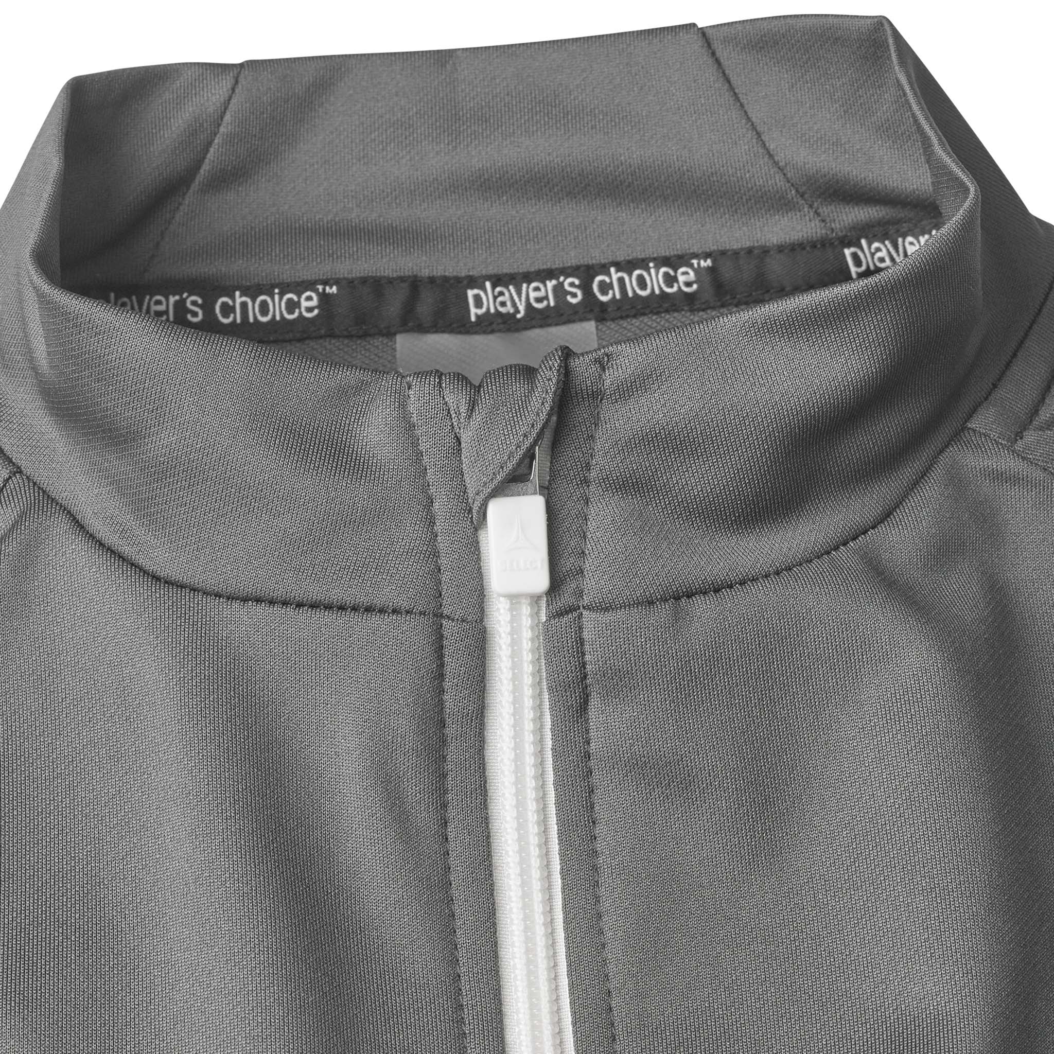 Closeup of grey Training zip jacket Spain v25, Match & Training football wear, white zip and collar branding detail