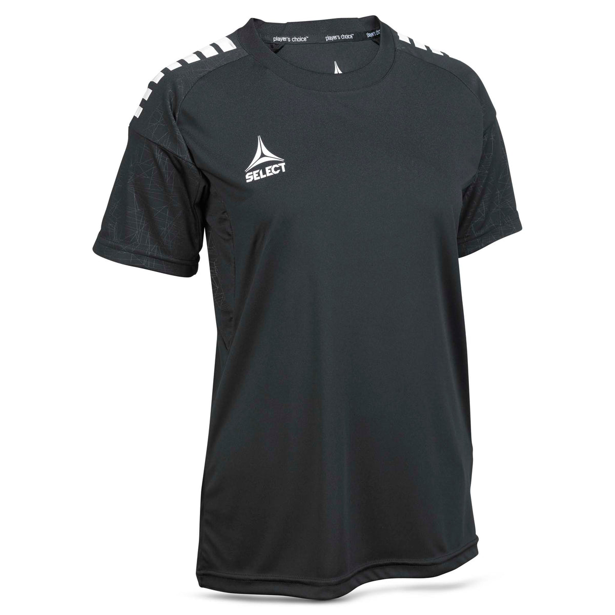Front view of black Player shirt S/S Spain woman v25, with white shoulder detail. Football Match & Training wear.