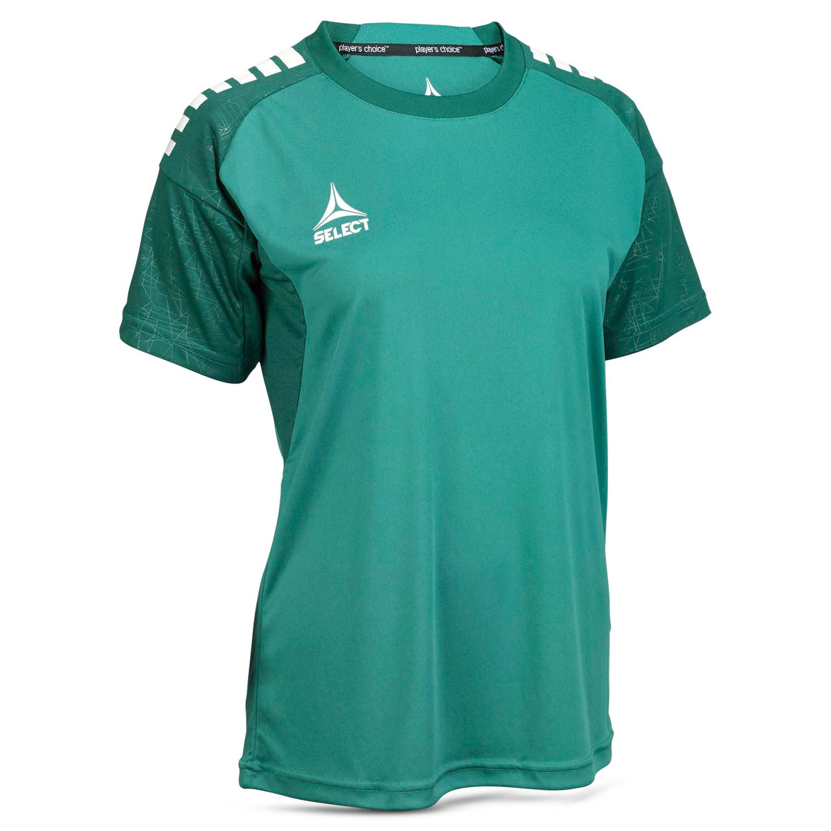 Front view of green-white Player shirt S/S Spain woman v25, football Match & Training wear