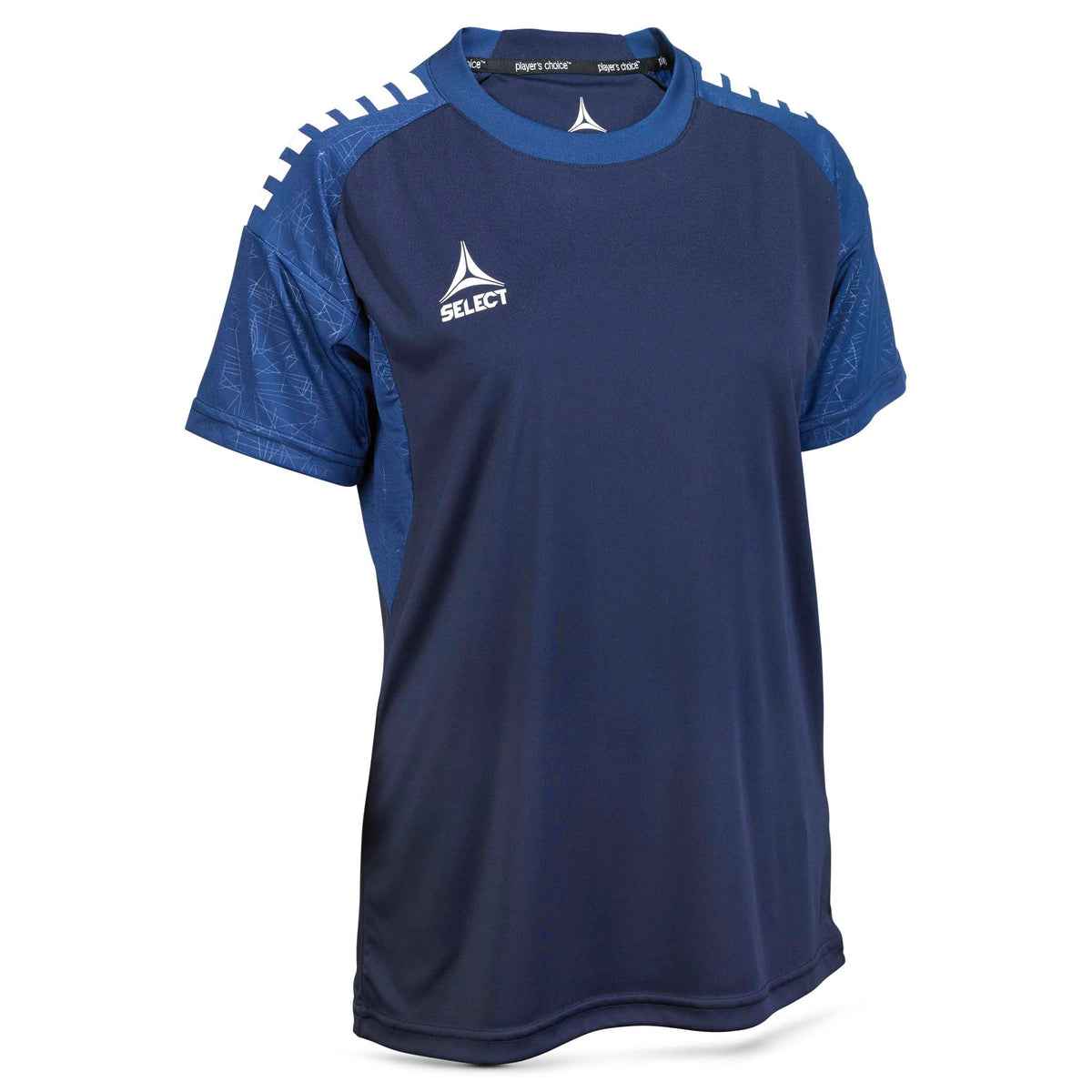 Player shirt S/S Spain woman v25, Match & Training wear, front view, navy with white logo and blue shoulder details