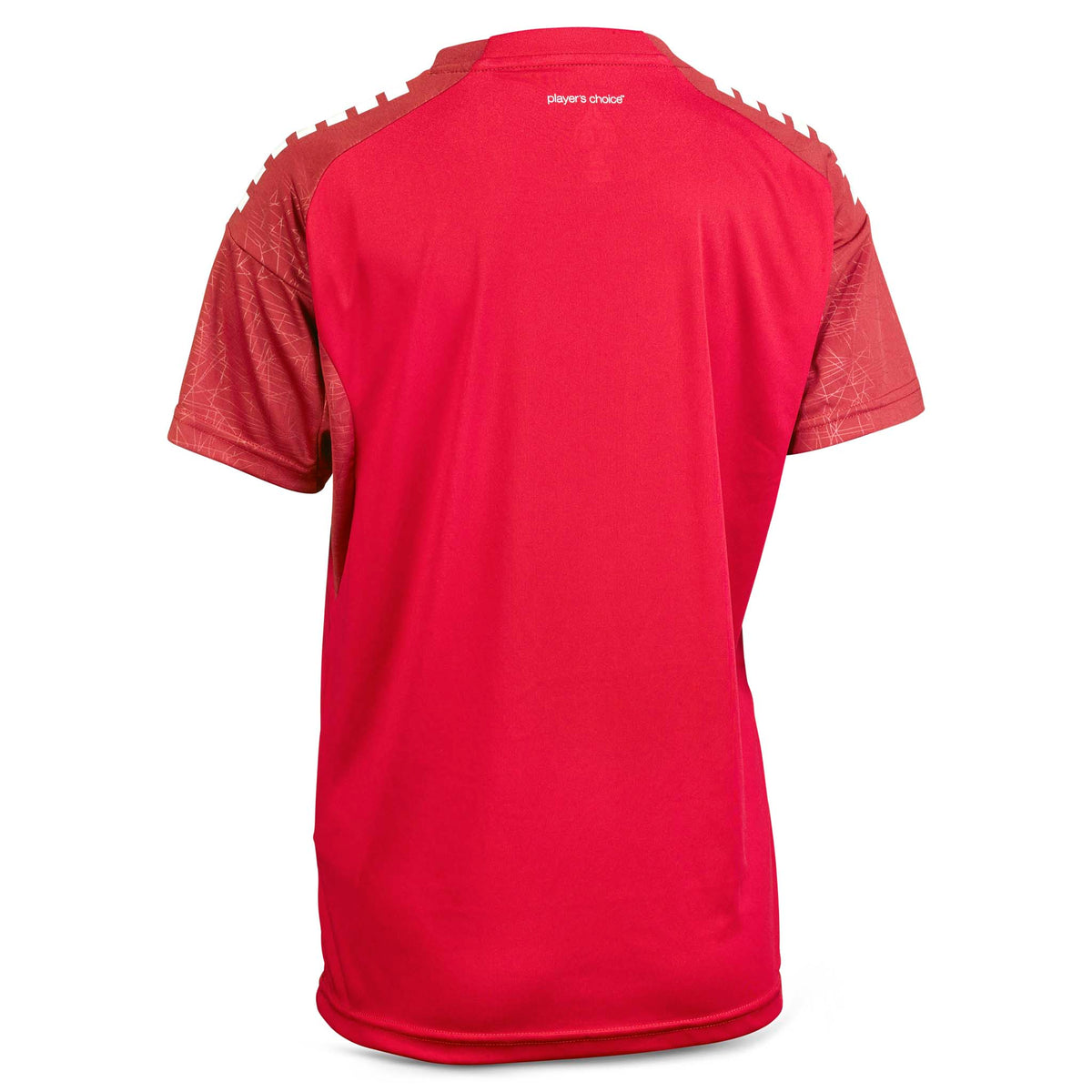 Back page of red Player shirt S/S Spain woman v25, Match & Training wear, with patterned shoulders.