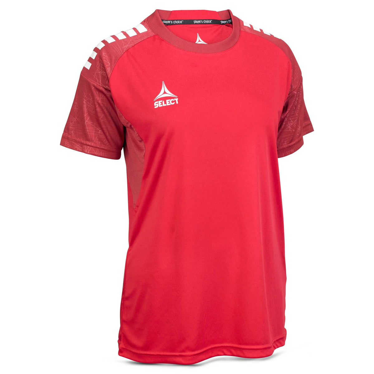 Front view of red Player shirt S/S Spain woman v25, Match & Training wear, with white shoulder details.