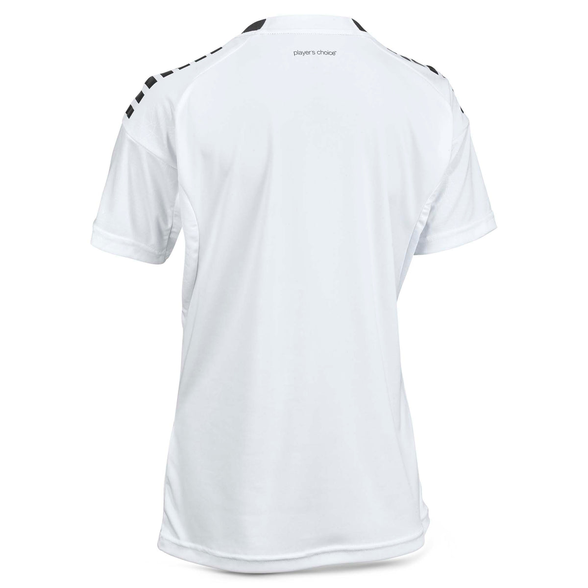 Back page of white Player shirt S/S Spain woman v25 football Match & Training wear with black shoulder detail