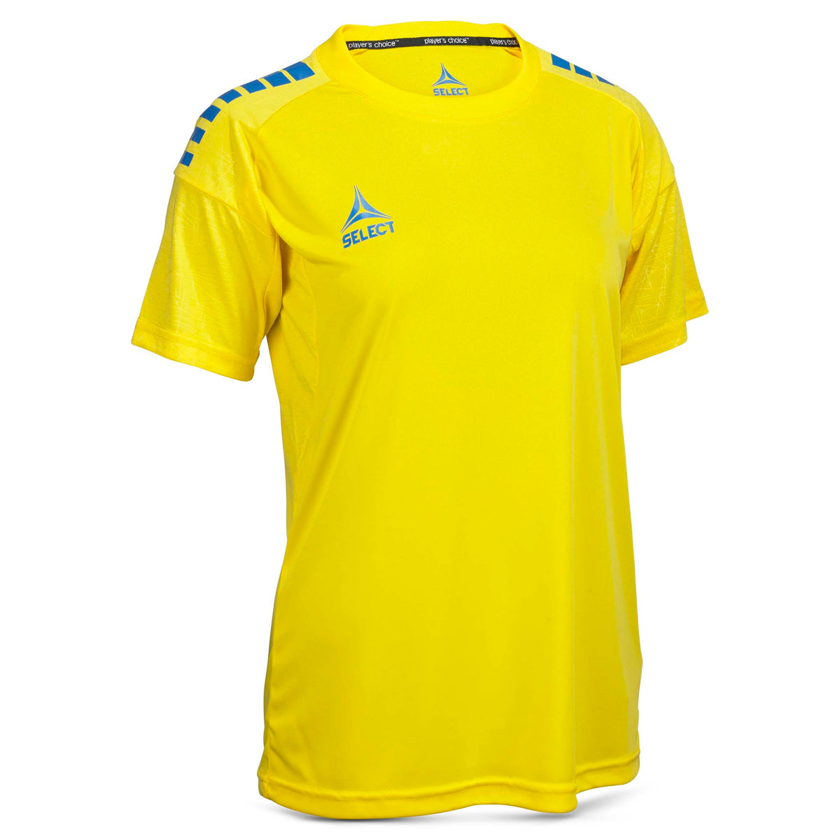 Front of yellow Player shirt S/S Spain woman v25 with blue shoulder details, football Match & Training wear