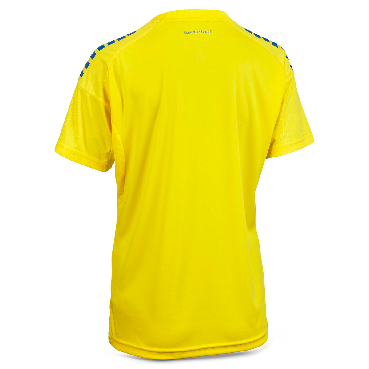 Back page of yellow Player shirt S/S Spain woman v25 with blue shoulder details, football Match & Training wear