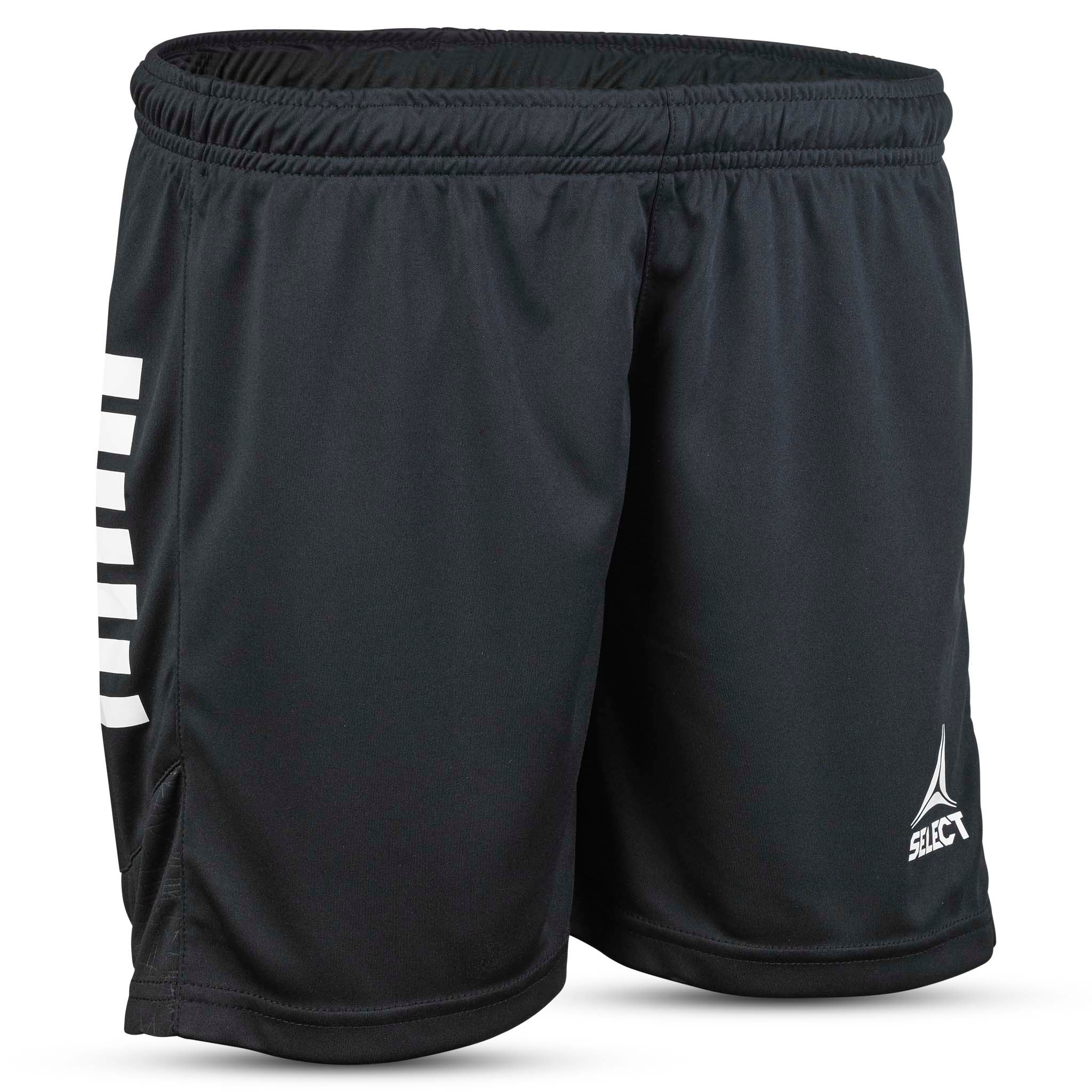 Front view of black Player shorts Spain woman v25, Match & Training wear, with white stripe and Select logo.