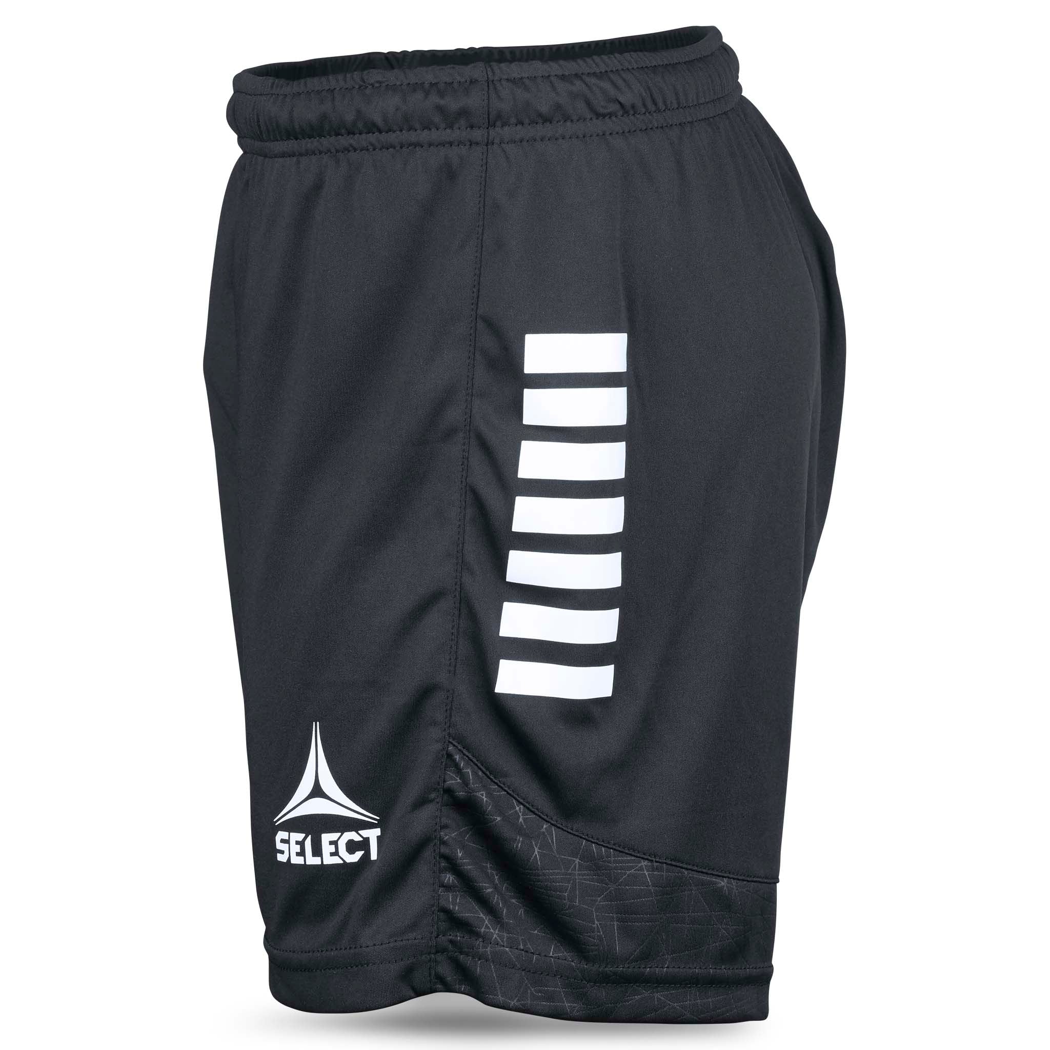 Black Player shorts Spain woman v25, right-side view, white stripes and logo, Match & Training wear football