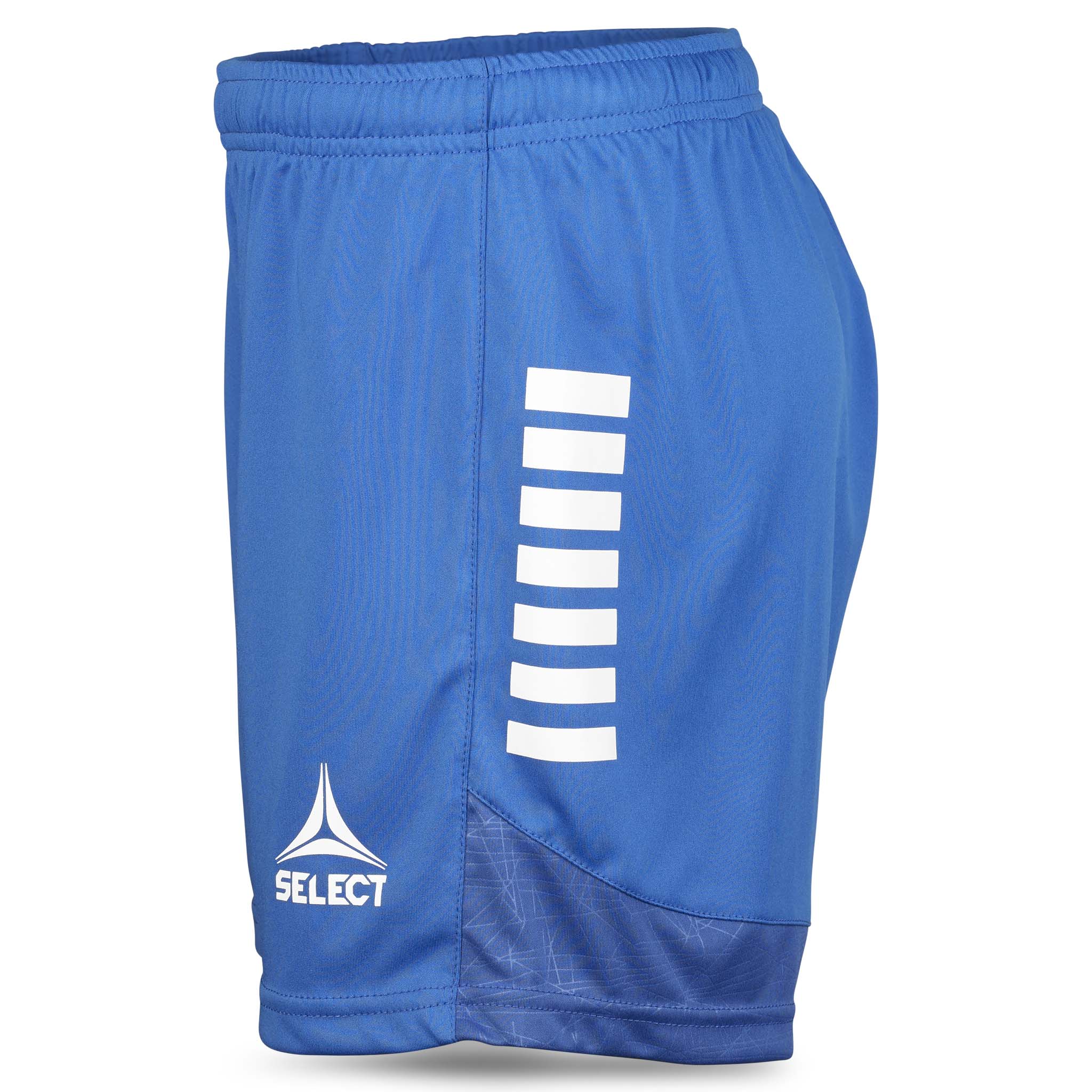 Blue Player shorts Spain woman v25, right side, with white stripes and logo. Match & Training wear football.