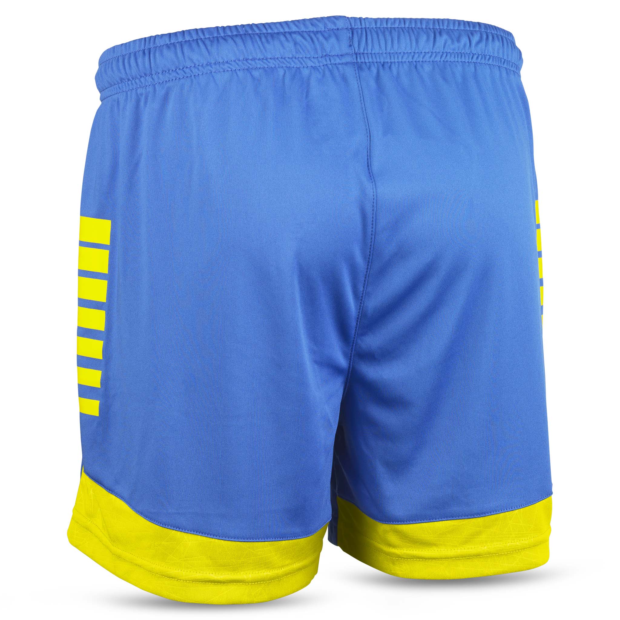 Back page of blue Player shorts Spain woman v25 with yellow stripes, Match & Training football wear