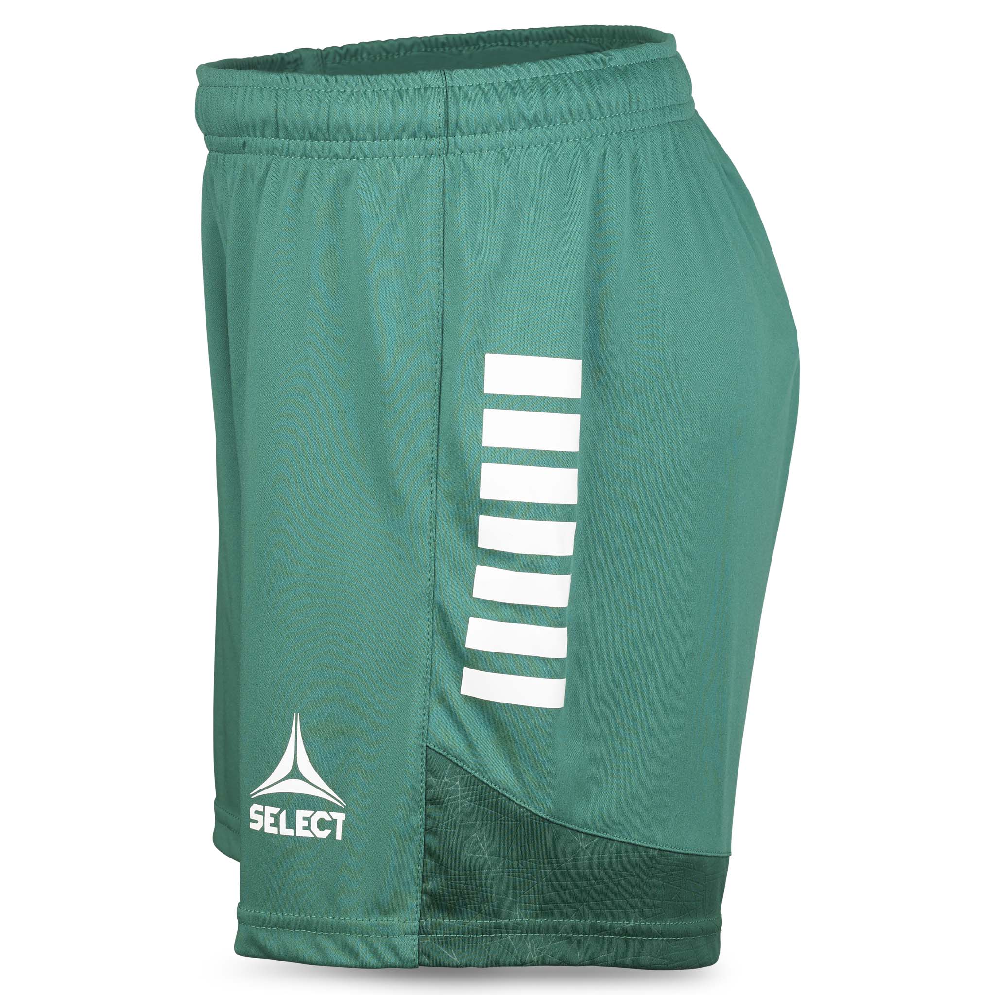 Green-white Player shorts Spain woman v25, Match & Training wear, right-side view with white stripes and Select logo.