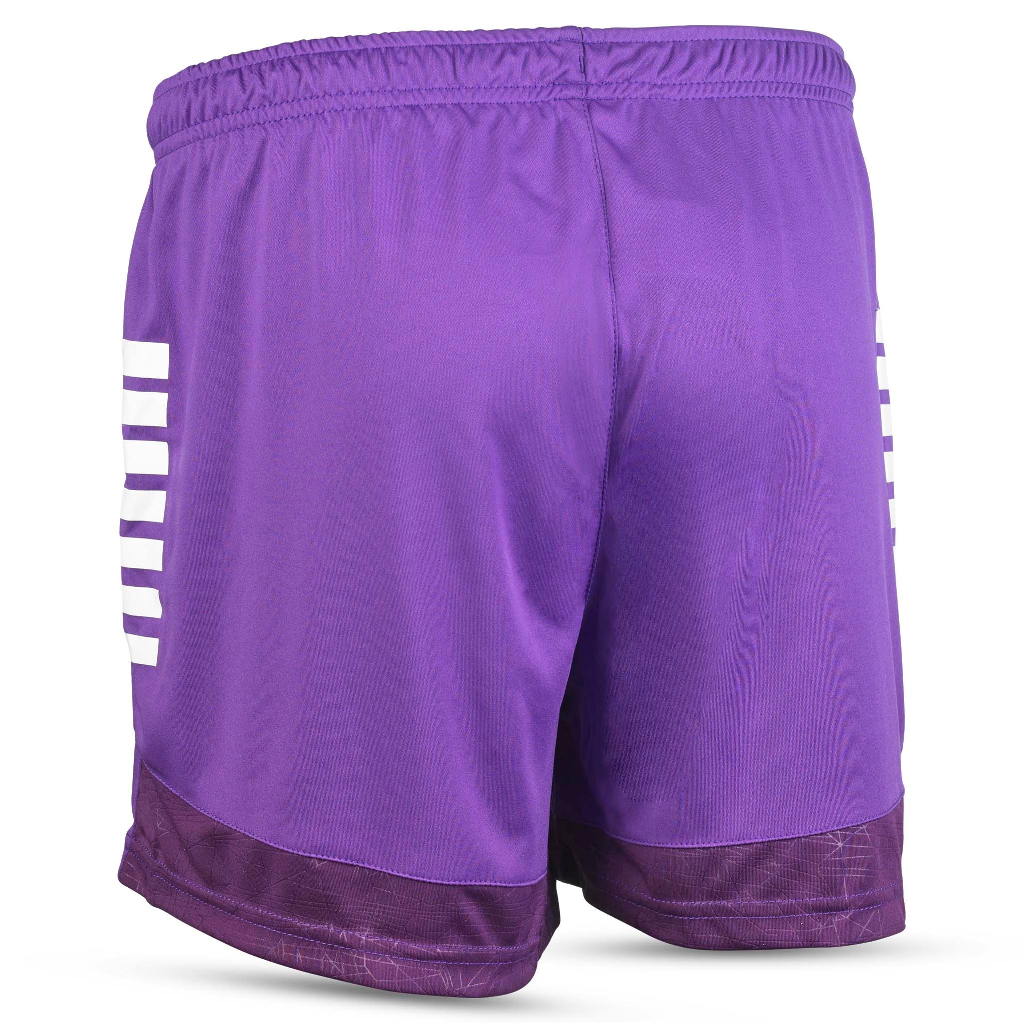 Back page of purple Player shorts Spain woman v25 with white stripes, Match & Training wear football